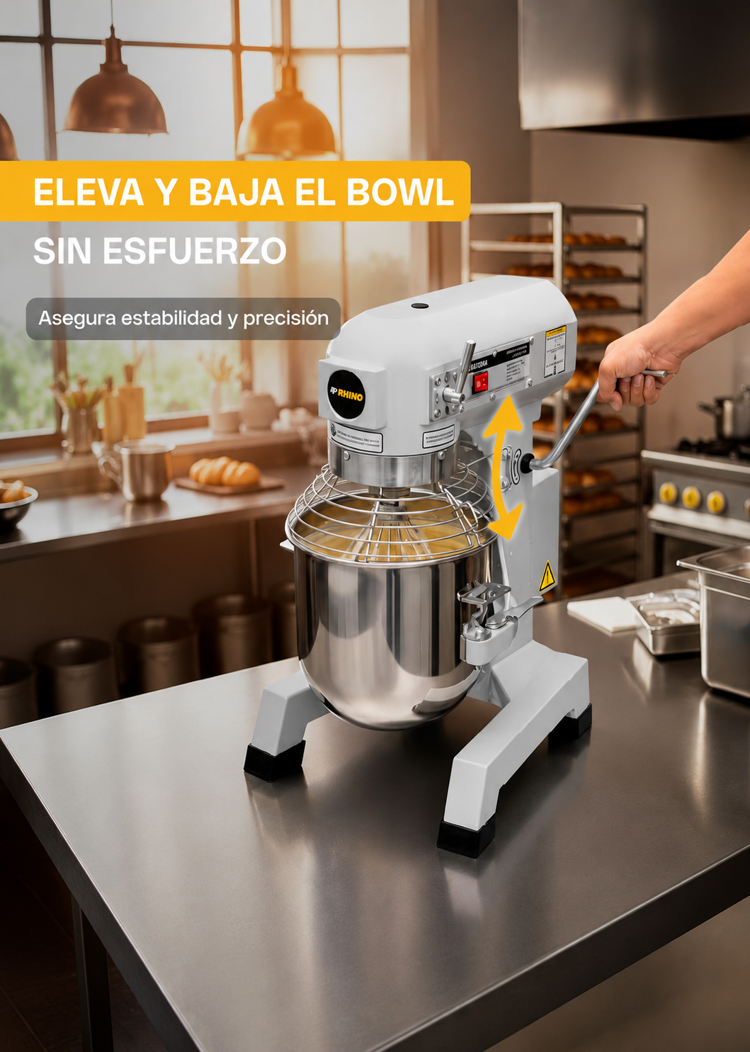 Batidora industrial planetaria de acero inoxidable 201 profesional de tres velocidades (gancho, paleta y globo) capacidad de tazón 10 L y 1.5 kg de amasado. Rhino BATI-10 — imagen de producto