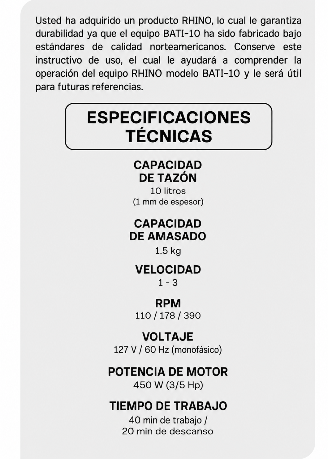 Batidora industrial planetaria de acero inoxidable 201 profesional de tres velocidades (gancho, paleta y globo) capacidad de tazón 10 L y 1.5 kg de amasado. Rhino BATI-10 — imagen de producto