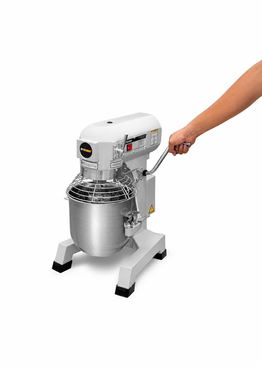 Batidora industrial planetaria de acero inoxidable 201 profesional de tres velocidades (gancho, paleta y globo) capacidad de tazón 10 L y 1.5 kg de amasado. Rhino BATI-10 — imagen de producto