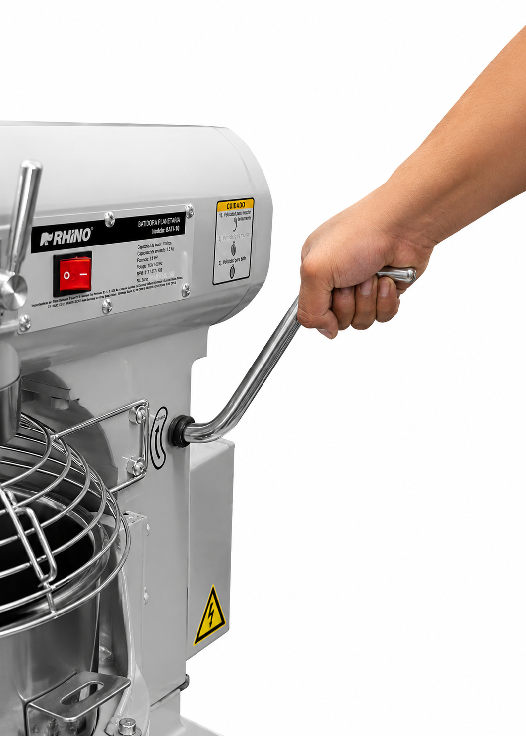 Batidora industrial planetaria de acero inoxidable 201 profesional de tres velocidades (gancho, paleta y globo) capacidad de tazón 10 L y 1.5 kg de amasado. Rhino BATI-10 — imagen de producto