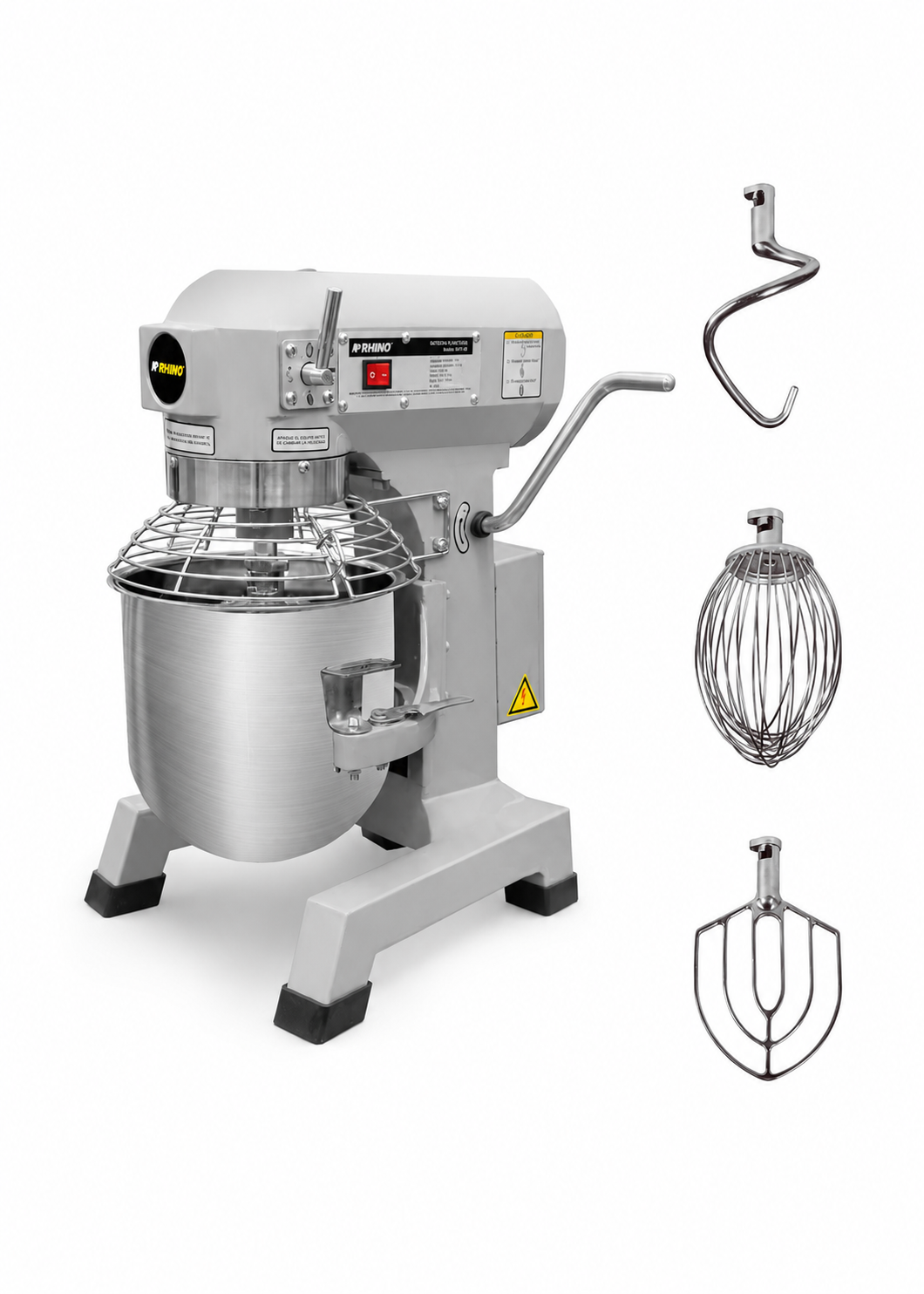 Batidora industrial planetaria de acero inoxidable 201 profesional de tres velocidades (gancho, paleta y globo) capacidad de tazón 10 L y 1.5 kg de amasado. Rhino BATI-10 — imagen de producto