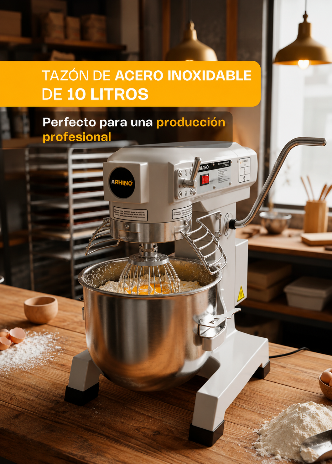 Batidora industrial planetaria de acero inoxidable 201 profesional de tres velocidades (gancho, paleta y globo) capacidad de tazón 10 L y 1.5 kg de amasado. Rhino BATI-10 — imagen de producto