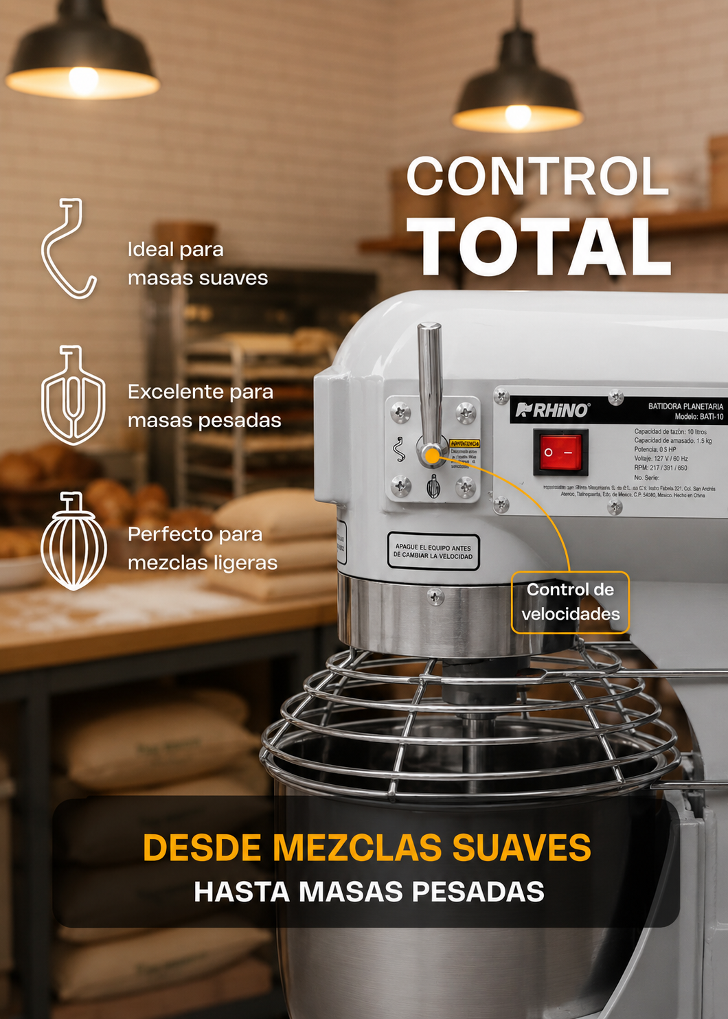 Batidora industrial planetaria de acero inoxidable 201 profesional de tres velocidades (gancho, paleta y globo) capacidad de tazón 10 L y 1.5 kg de amasado. Rhino BATI-10 — imagen de producto
