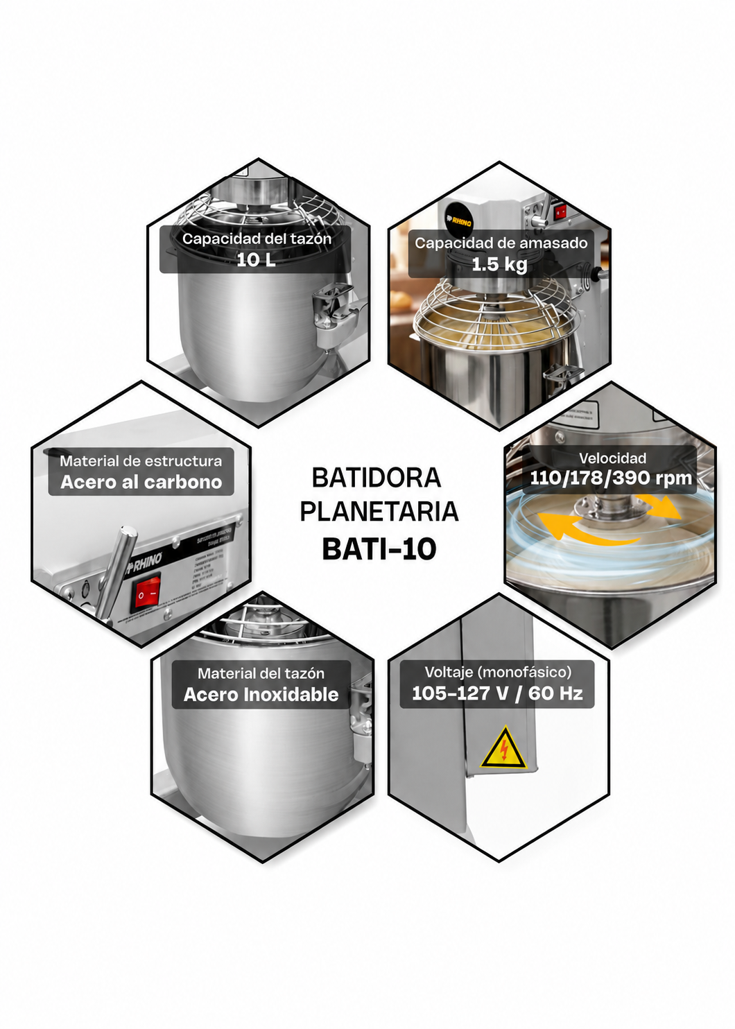 Batidora industrial planetaria de acero inoxidable 201 profesional de tres velocidades (gancho, paleta y globo) capacidad de tazón 10 L y 1.5 kg de amasado. Rhino BATI-10 — imagen de producto
