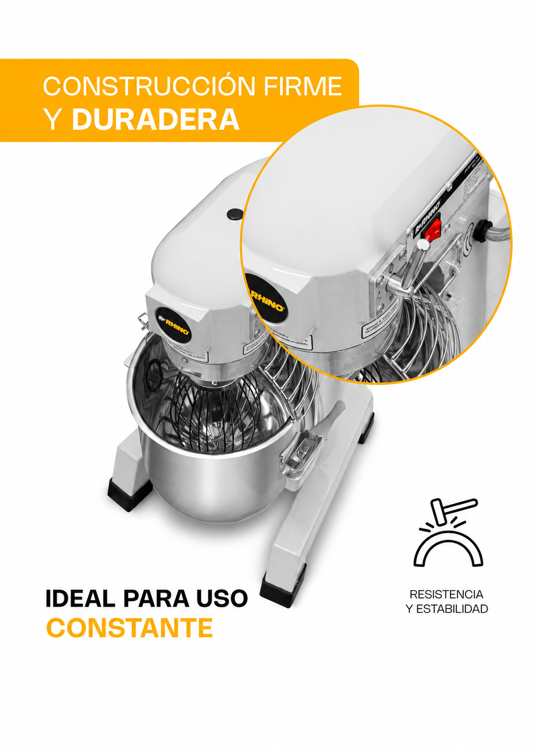 Batidora industrial planetaria de acero inoxidable 201 profesional de tres velocidades (gancho, paleta y globo) capacidad de tazón 10 L y 1.5 kg de amasado. Rhino BATI-10 — imagen de producto