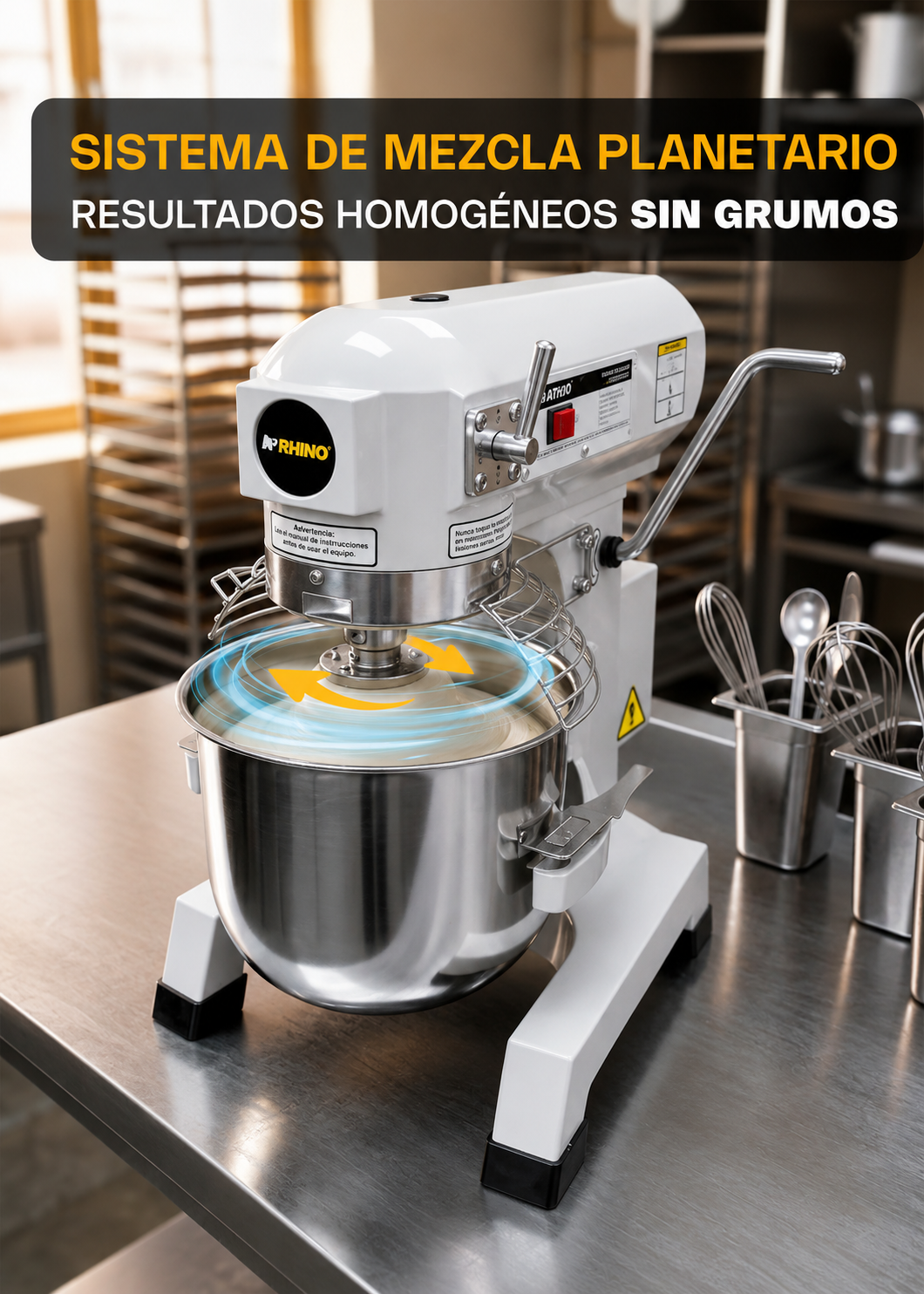 Batidora industrial planetaria de acero inoxidable 201 profesional de tres velocidades (gancho, paleta y globo) capacidad de tazón 10 L y 1.5 kg de amasado. Rhino BATI-10 — imagen de producto