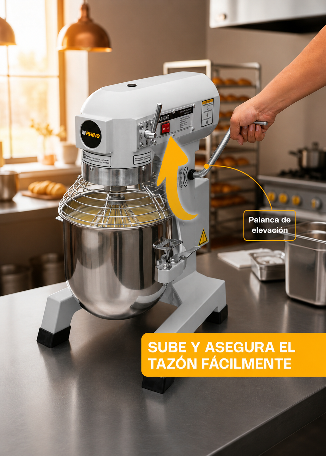 Batidora industrial planetaria de acero inoxidable 201 profesional de tres velocidades (gancho, paleta y globo) capacidad de tazón 10 L y 1.5 kg de amasado. Rhino BATI-10 — imagen de producto