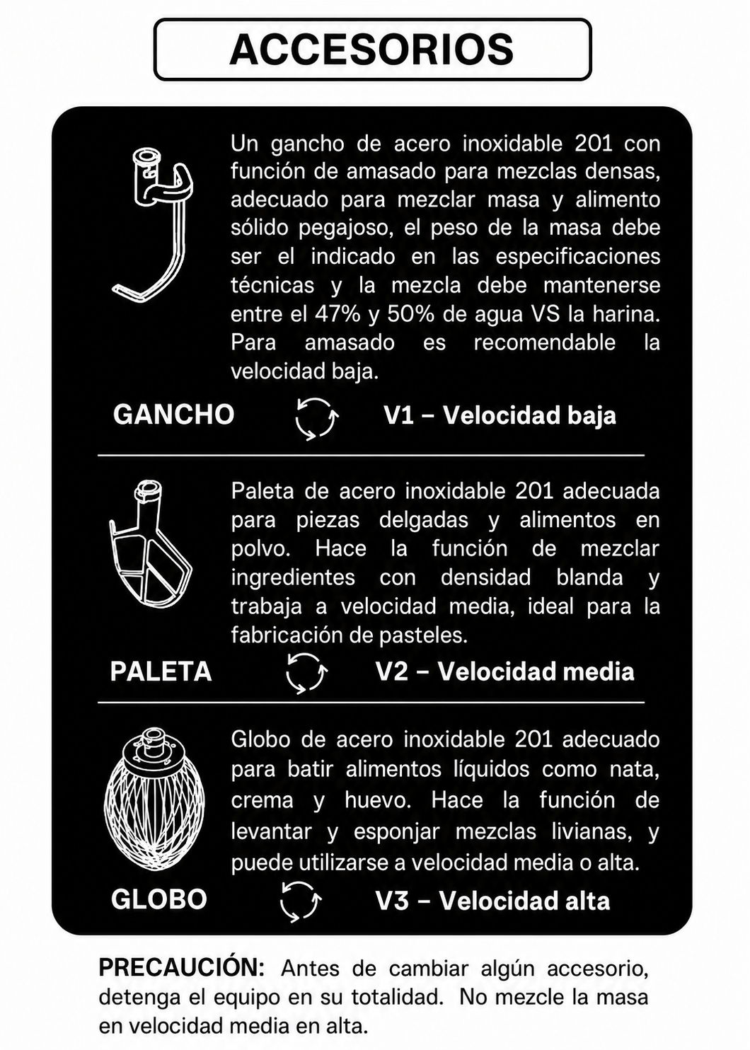 Batidora industrial planetaria de acero inoxidable 201 profesional de tres velocidades (gancho, paleta y globo) capacidad de tazón 10 L y 1.5 kg de amasado. Rhino BATI-10 — imagen de producto