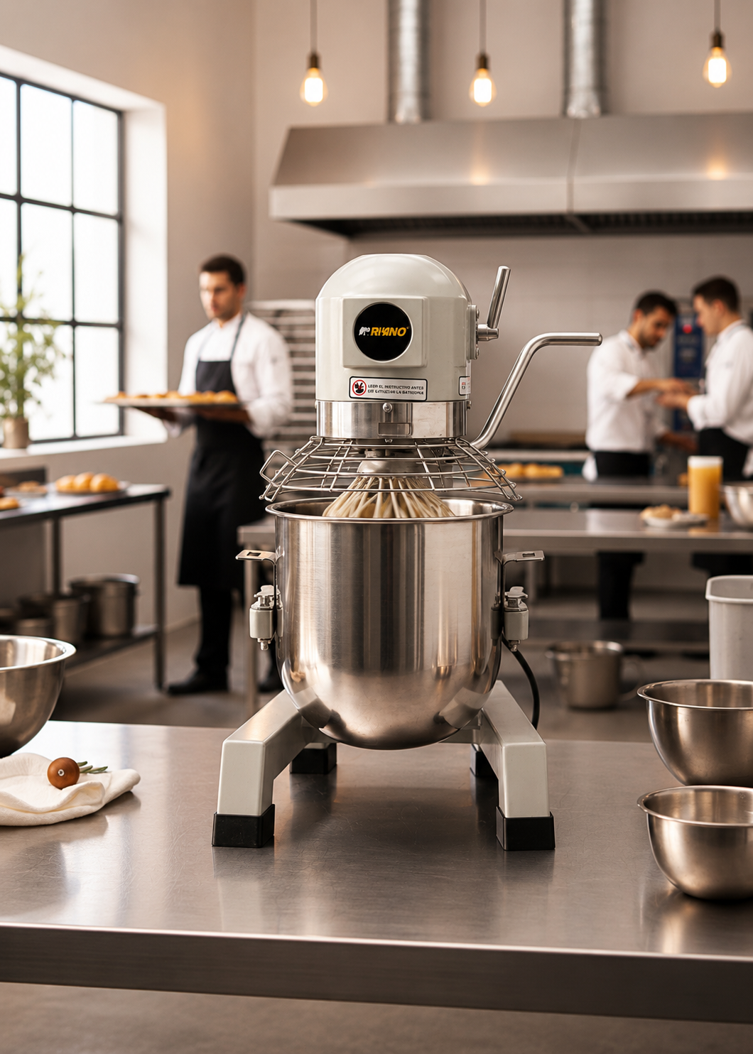 Batidora industrial planetaria de acero inoxidable 201 profesional de tres velocidades (gancho, paleta y globo) capacidad de tazón 10 L y 1.5 kg de amasado. Rhino BATI-10 — imagen de producto