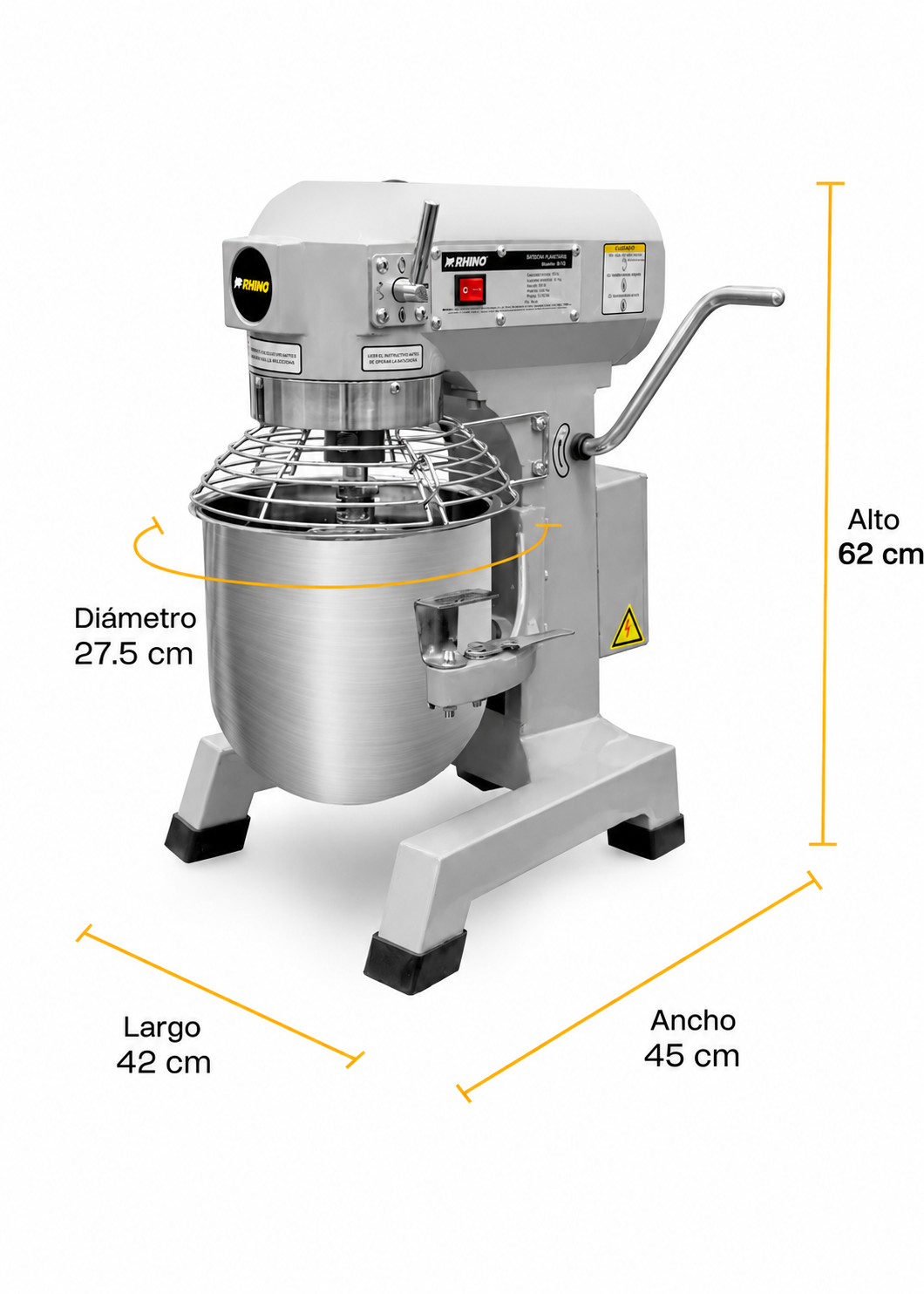 Batidora industrial planetaria de acero inoxidable 201 profesional de tres velocidades (gancho, paleta y globo) capacidad de tazón 10 L y 1.5 kg de amasado. Rhino BATI-10 — imagen de producto