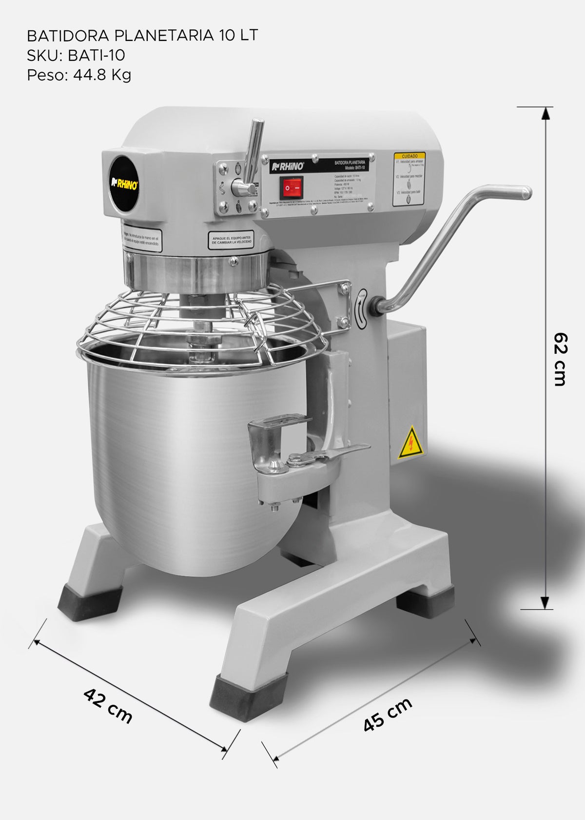 Batidora industrial planetaria de acero inoxidable 201 profesional de tres velocidades (gancho, paleta y globo) capacidad de tazón 10 L y 1.5 kg de amasado. Rhino BATI-10 — imagen de producto