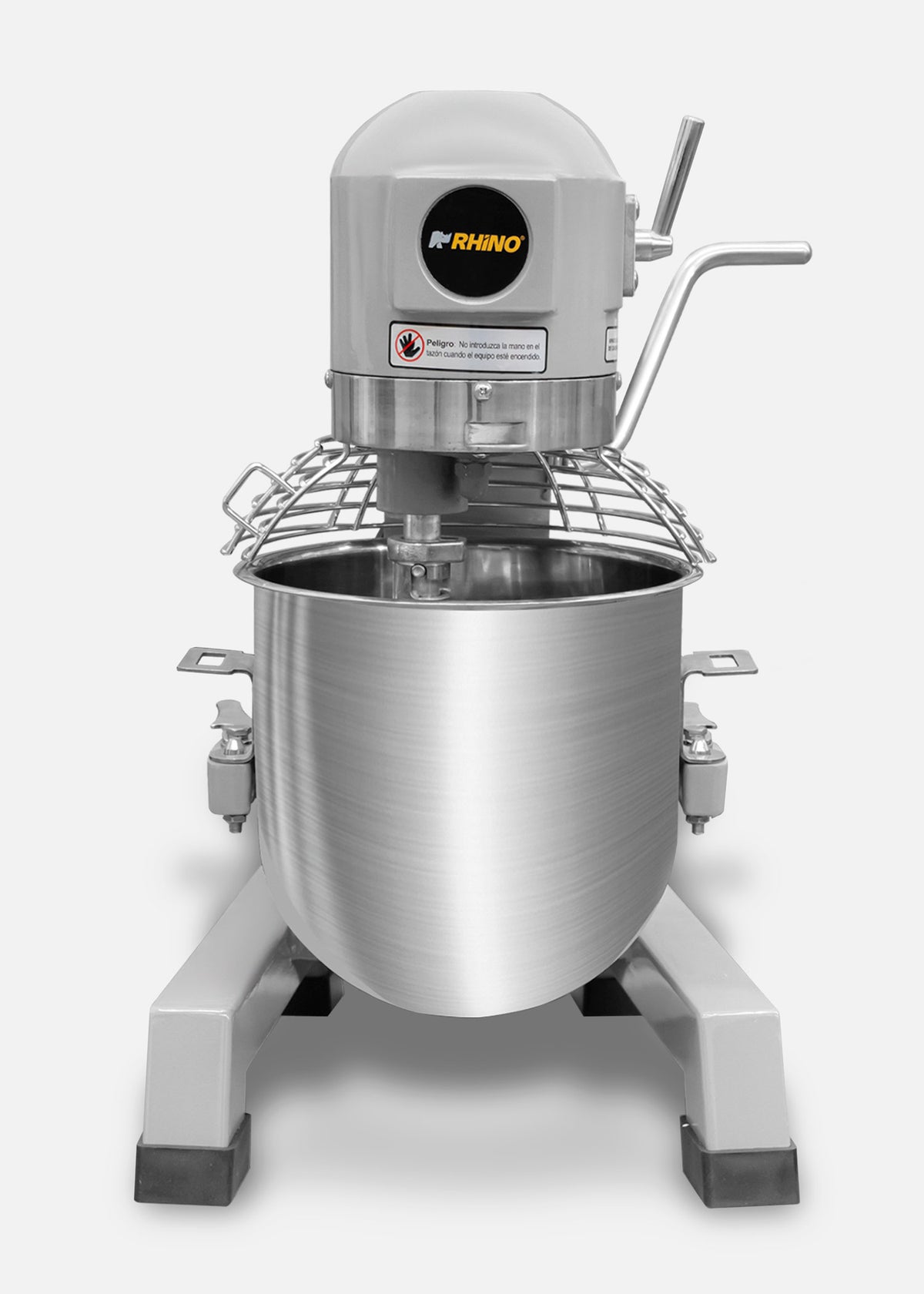 Batidora industrial planetaria de acero inoxidable 201 profesional de tres velocidades (gancho, paleta y globo) capacidad de tazón 10 L y 1.5 kg de amasado. Rhino BATI-10 — imagen de producto