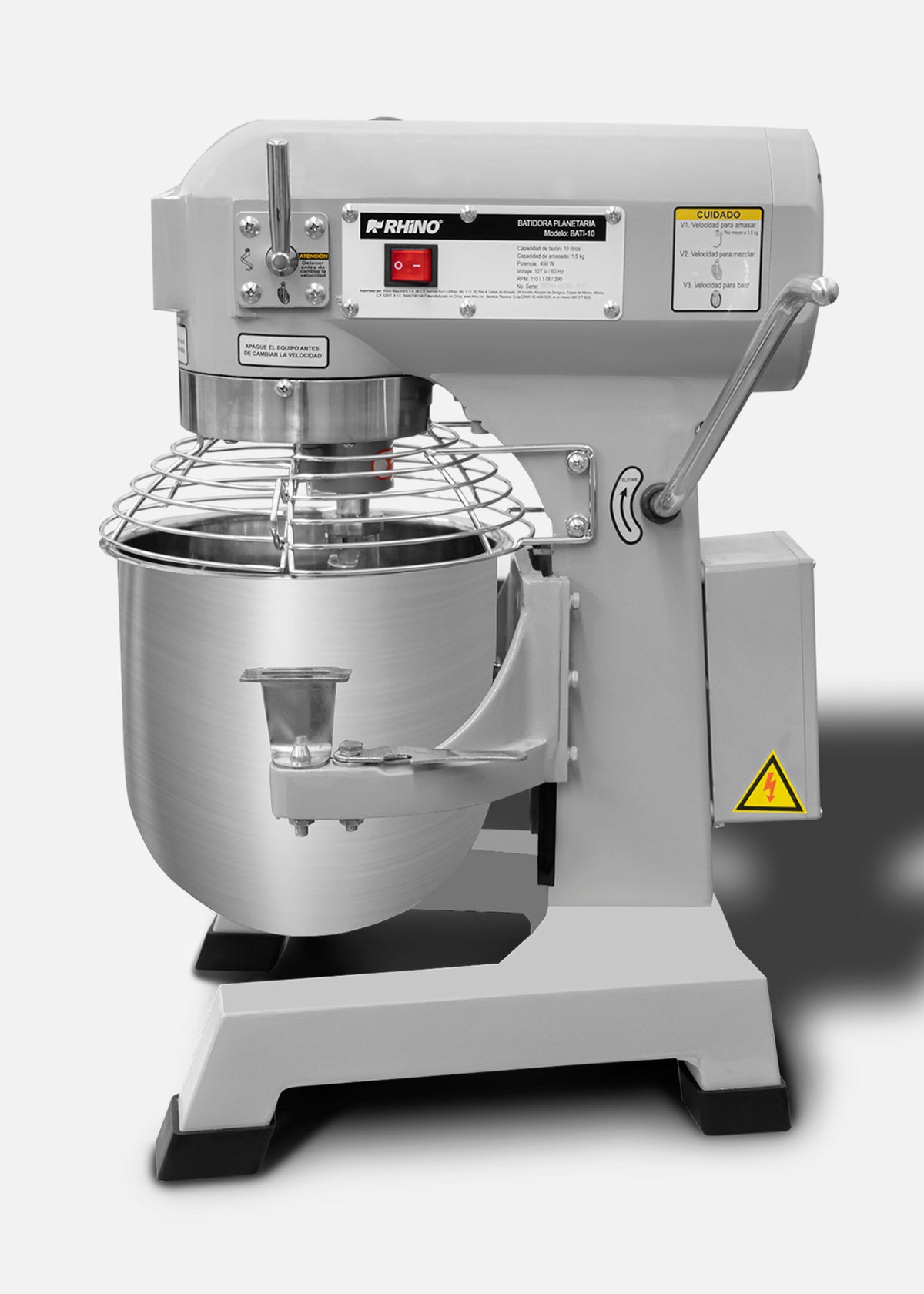 Batidora industrial planetaria de acero inoxidable 201 profesional de tres velocidades (gancho, paleta y globo) capacidad de tazón 10 L y 1.5 kg de amasado. Rhino BATI-10 — imagen de producto