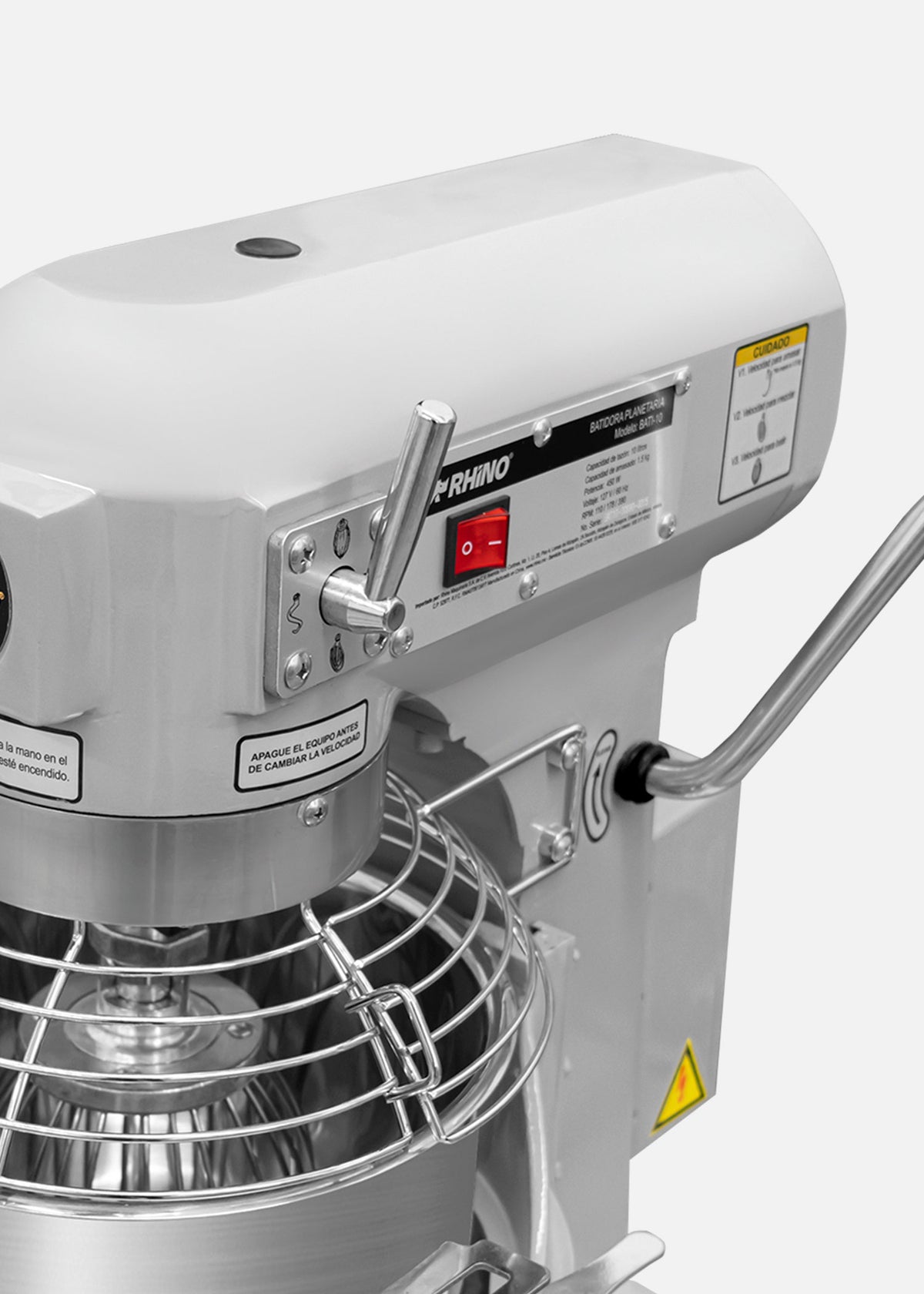 Batidora industrial planetaria de acero inoxidable 201 profesional de tres velocidades (gancho, paleta y globo) capacidad de tazón 10 L y 1.5 kg de amasado. Rhino BATI-10 — imagen de producto