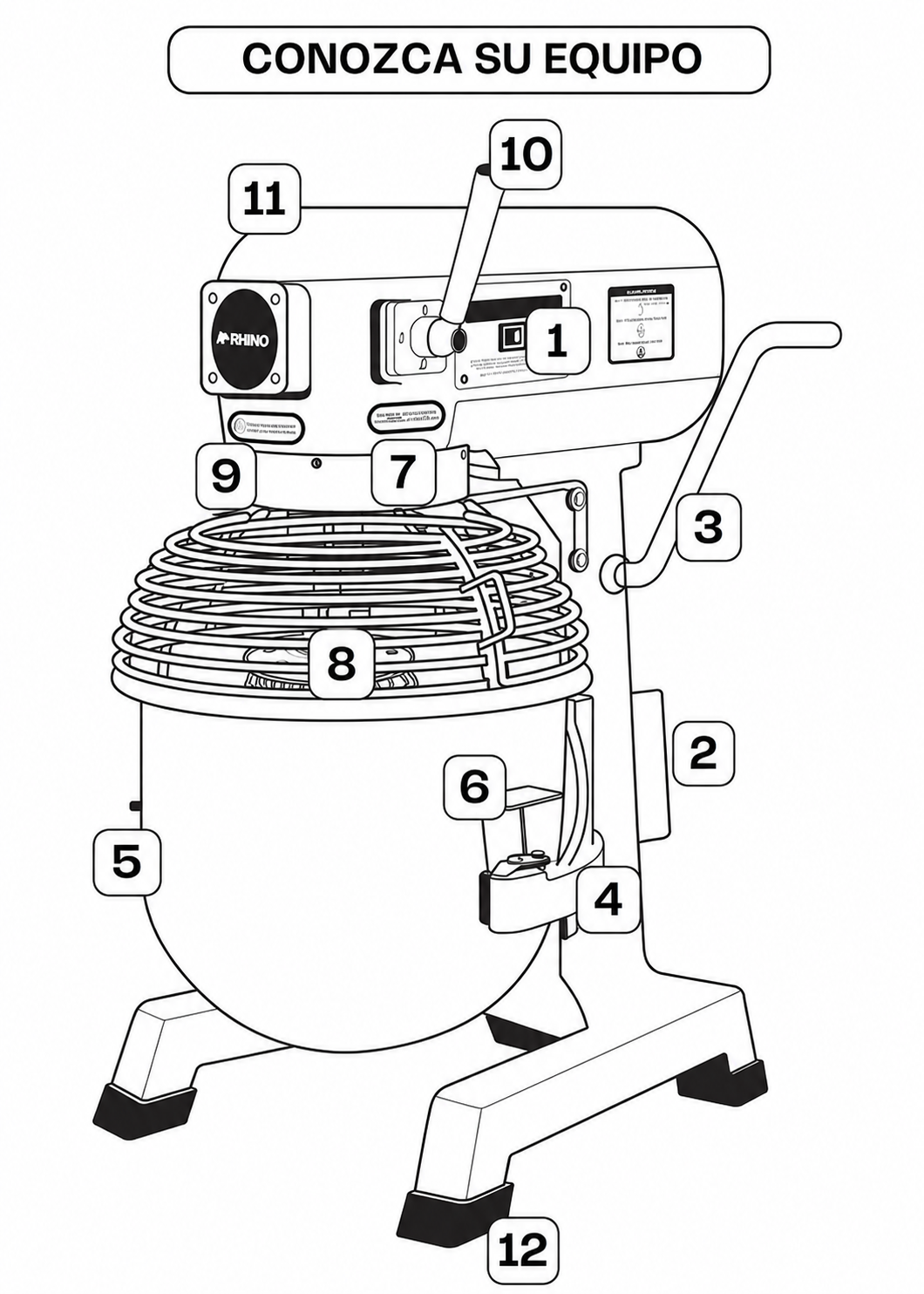 Batidora industrial planetaria de acero inoxidable 201 profesional de tres velocidades (gancho, paleta y globo) capacidad de tazón 10 L y 1.5 kg de amasado. Rhino BATI-10 — imagen de producto