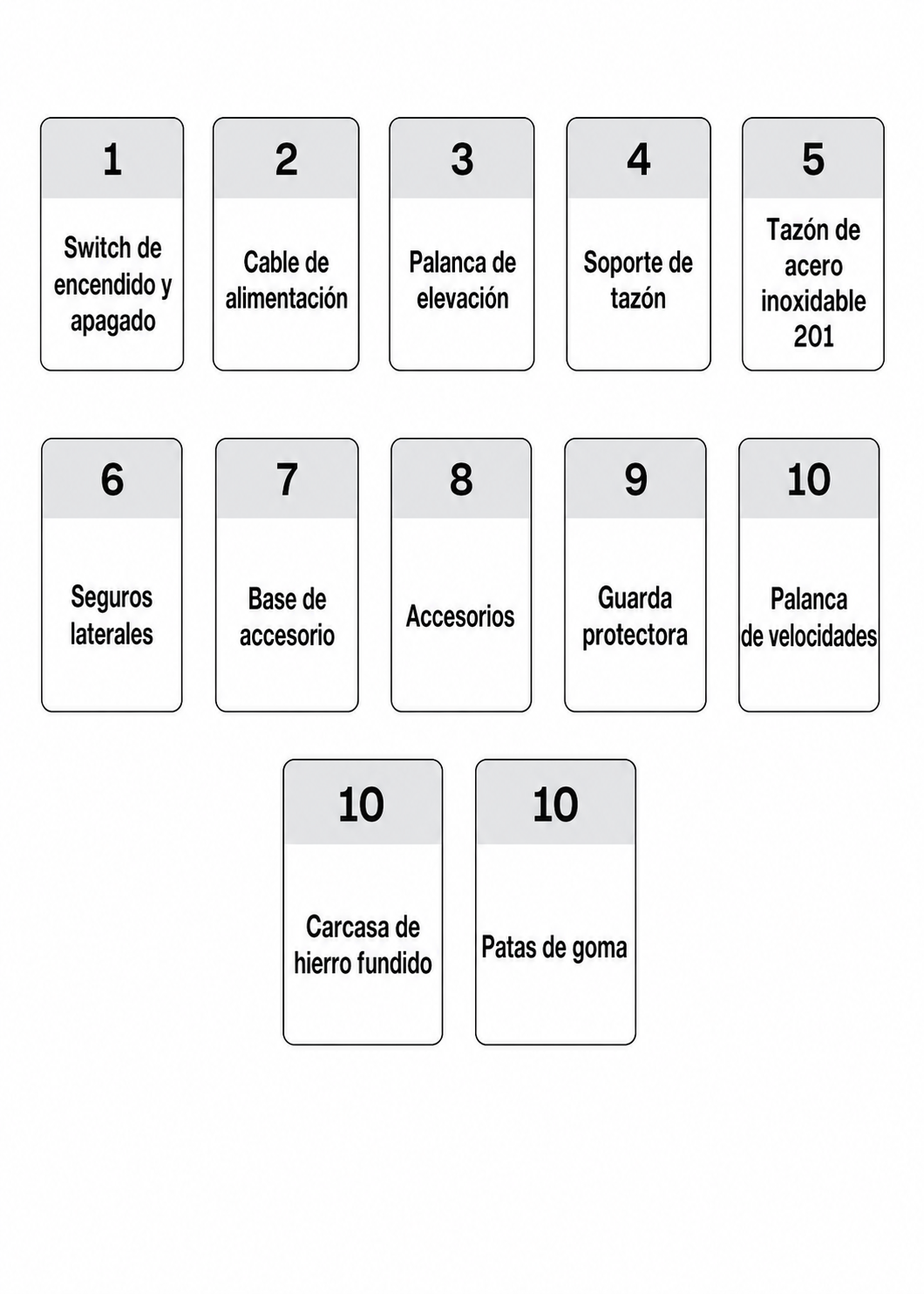 Batidora industrial planetaria de acero inoxidable 201 profesional de tres velocidades (gancho, paleta y globo) capacidad de tazón 10 L y 1.5 kg de amasado. Rhino BATI-10 — imagen de producto