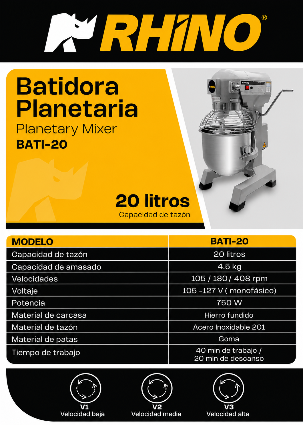 Batidora planetaria industrial de acero inoxidable 201 profesional de tres velocidades (gancho, paleta y globo) capacidad de tazón 20 L y 4.5 kg de amasado 1 HP. Rhino BATI-20 — imagen de producto