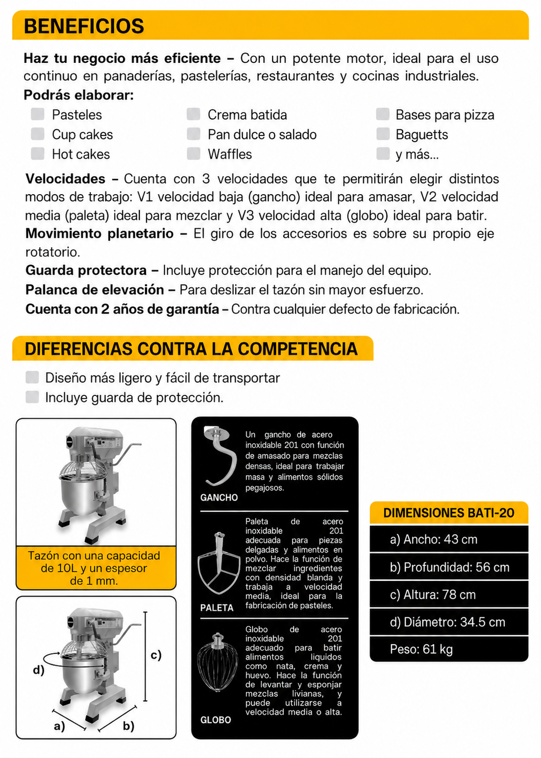 Batidora planetaria industrial de acero inoxidable 201 profesional de tres velocidades (gancho, paleta y globo) capacidad de tazón 20 L y 4.5 kg de amasado 1 HP. Rhino BATI-20 — imagen de producto