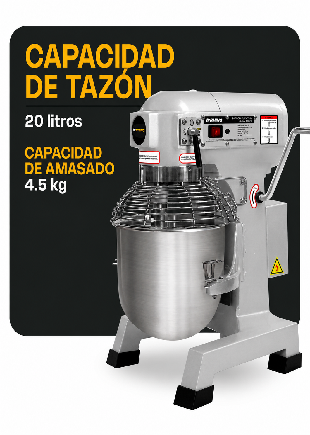 Batidora planetaria industrial de acero inoxidable 201 profesional de tres velocidades (gancho, paleta y globo) capacidad de tazón 20 L y 4.5 kg de amasado 1 HP. Rhino BATI-20 — imagen de producto
