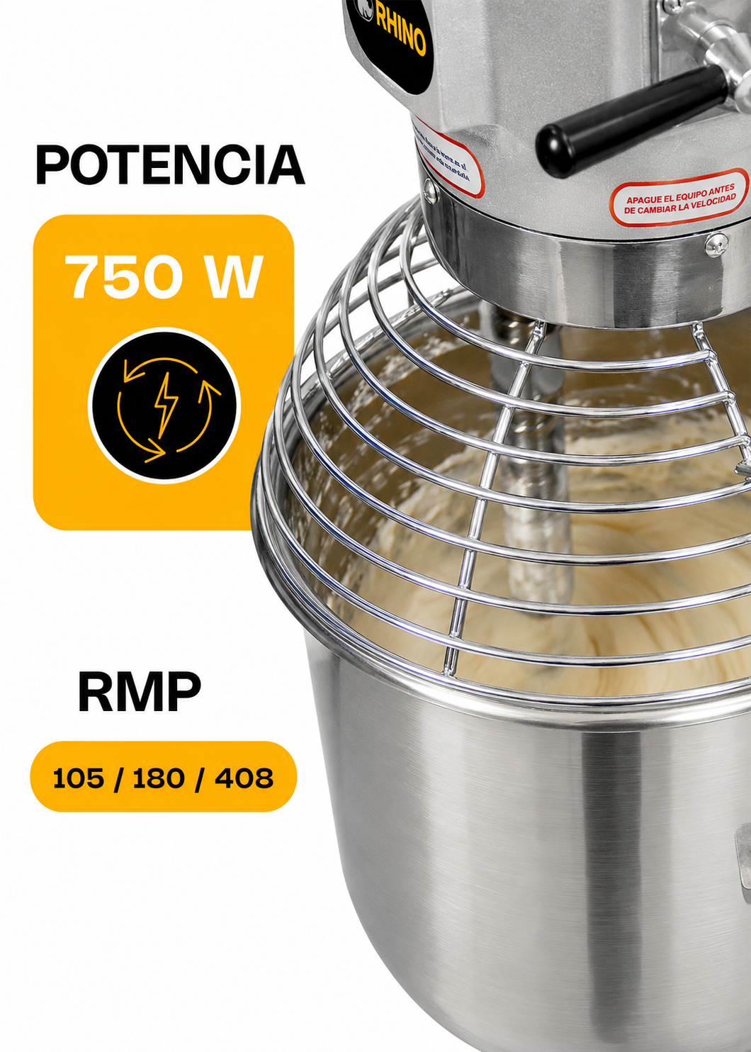 Batidora planetaria industrial de acero inoxidable 201 profesional de tres velocidades (gancho, paleta y globo) capacidad de tazón 20 L y 4.5 kg de amasado 1 HP. Rhino BATI-20 — imagen de producto