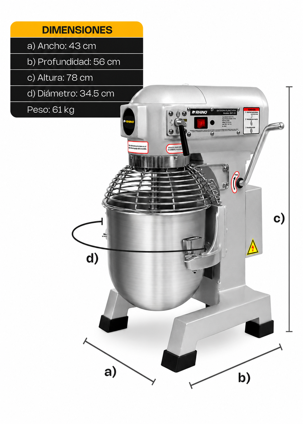 Batidora planetaria industrial de acero inoxidable 201 profesional de tres velocidades (gancho, paleta y globo) capacidad de tazón 20 L y 4.5 kg de amasado 1 HP. Rhino BATI-20 — imagen de producto