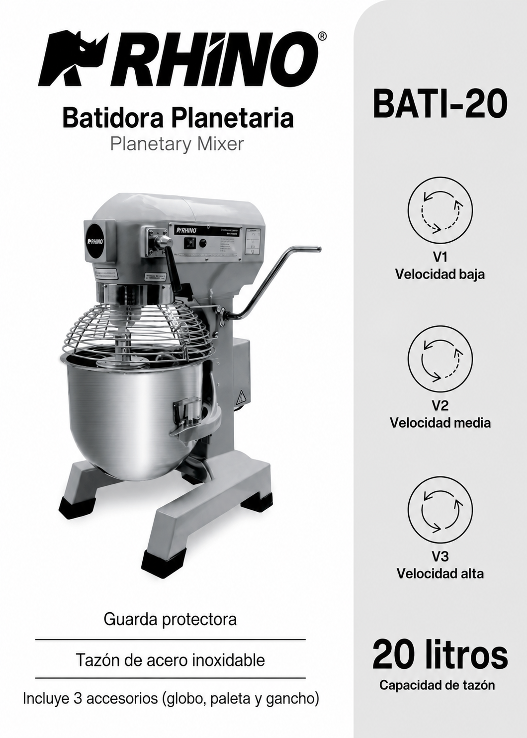 Batidora planetaria industrial de acero inoxidable 201 profesional de tres velocidades (gancho, paleta y globo) capacidad de tazón 20 L y 4.5 kg de amasado 1 HP. Rhino BATI-20 — imagen de producto