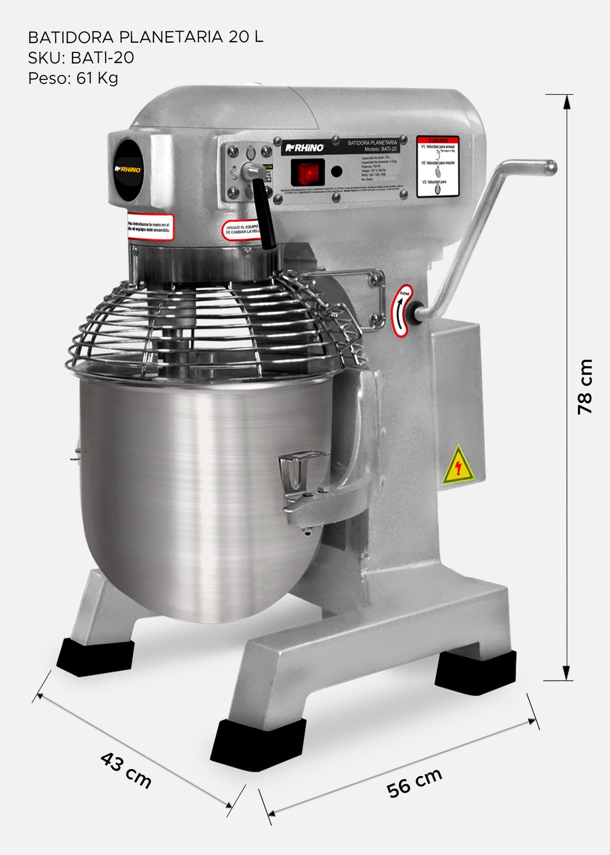 Batidora planetaria industrial de acero inoxidable 201 profesional de tres velocidades (gancho, paleta y globo) capacidad de tazón 20 L y 4.5 kg de amasado 1 HP. Rhino BATI-20 — imagen de producto
