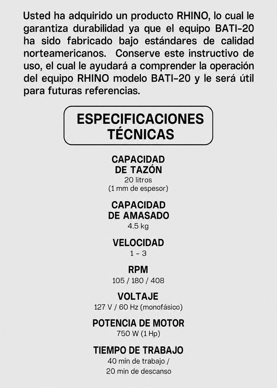 Batidora planetaria industrial de acero inoxidable 201 profesional de tres velocidades (gancho, paleta y globo) capacidad de tazón 20 L y 4.5 kg de amasado 1 HP. Rhino BATI-20 — imagen de producto