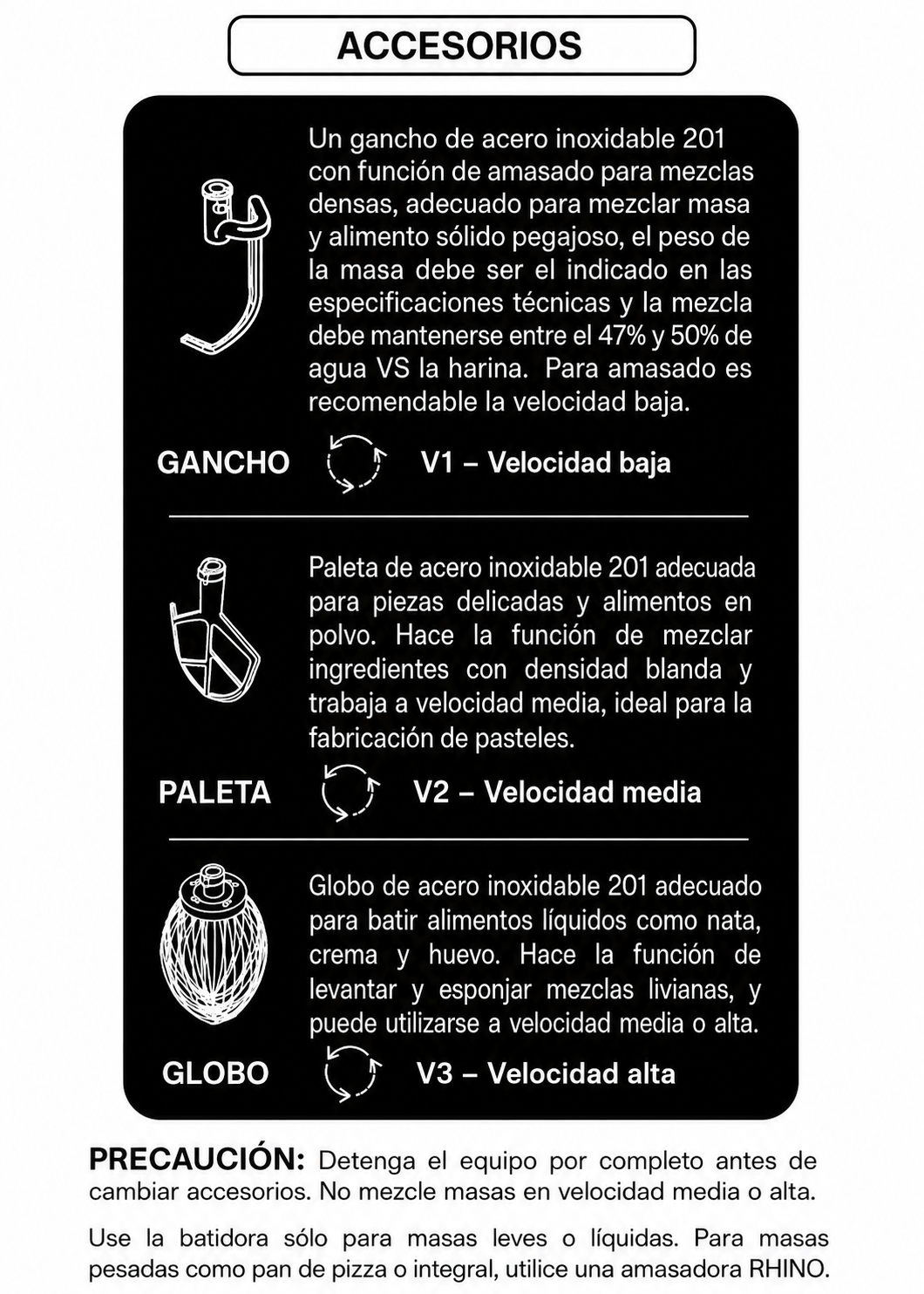 Batidora planetaria industrial de acero inoxidable 201 profesional de tres velocidades (gancho, paleta y globo) capacidad de tazón 20 L y 4.5 kg de amasado 1 HP. Rhino BATI-20 — imagen de producto