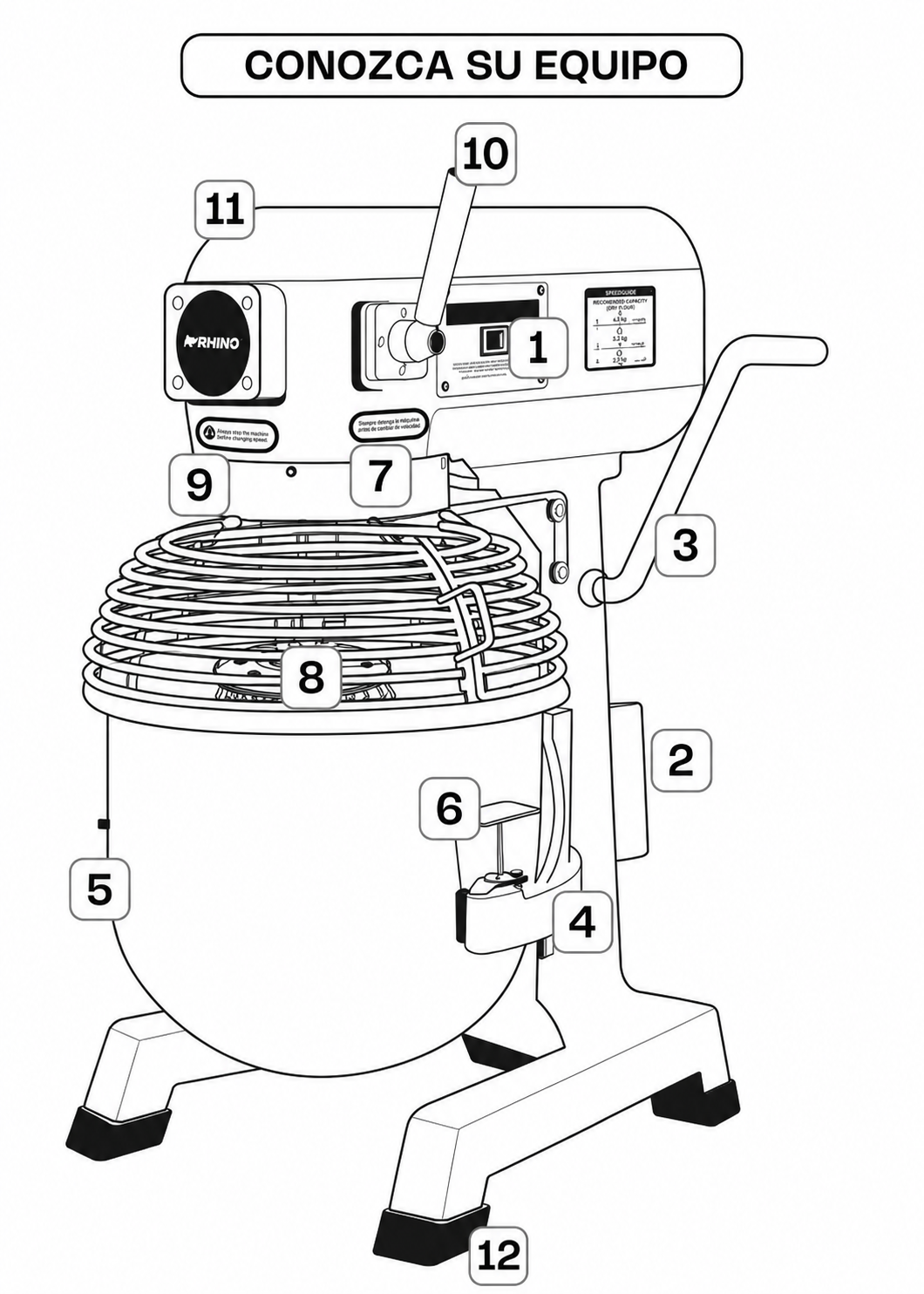 Batidora planetaria industrial de acero inoxidable 201 profesional de tres velocidades (gancho, paleta y globo) capacidad de tazón 20 L y 4.5 kg de amasado 1 HP. Rhino BATI-20 — imagen de producto