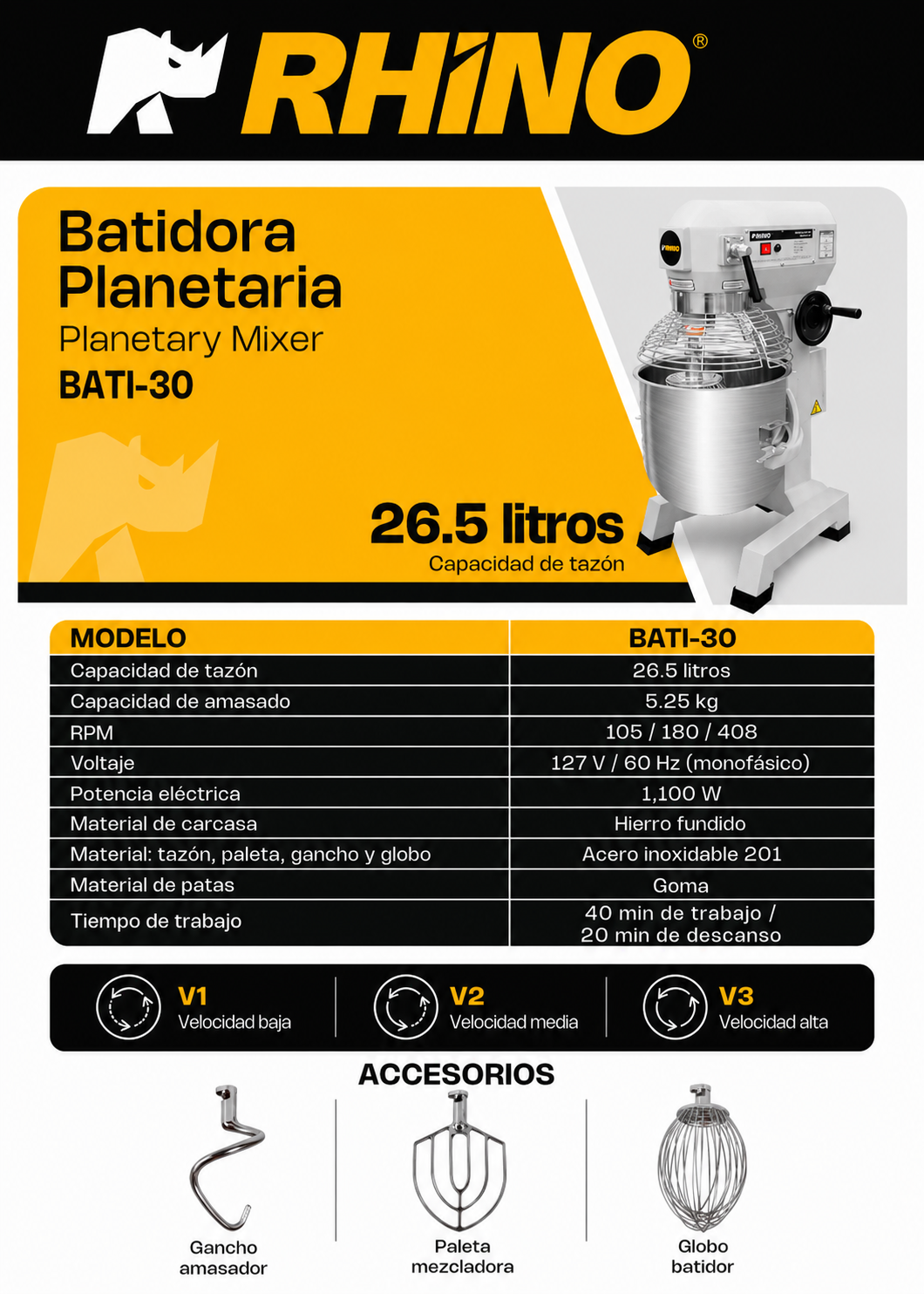 Batidora planetaria industrial de acero inoxidable 201 profesional de tres velocidades (gancho, paleta y globo) capacidad de tazón 26.5 L y 5.25 kg de amasado 1.5 HP. Rhino BATI-30 — imagen de producto