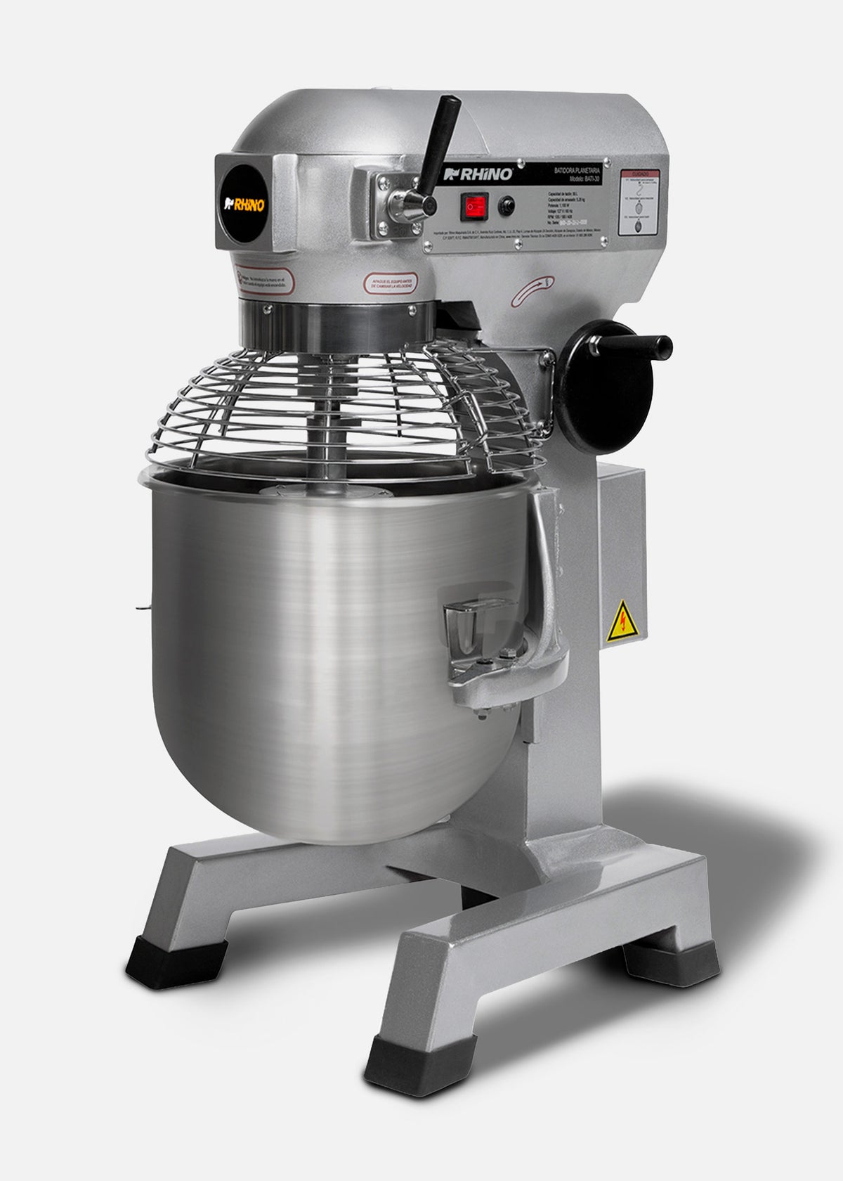 Batidora planetaria industrial de acero inoxidable 201 profesional de tres velocidades (gancho, paleta y globo) capacidad de tazón 26.5 L y 5.25 kg de amasado 1.5 HP. Rhino BATI-30 — imagen de producto