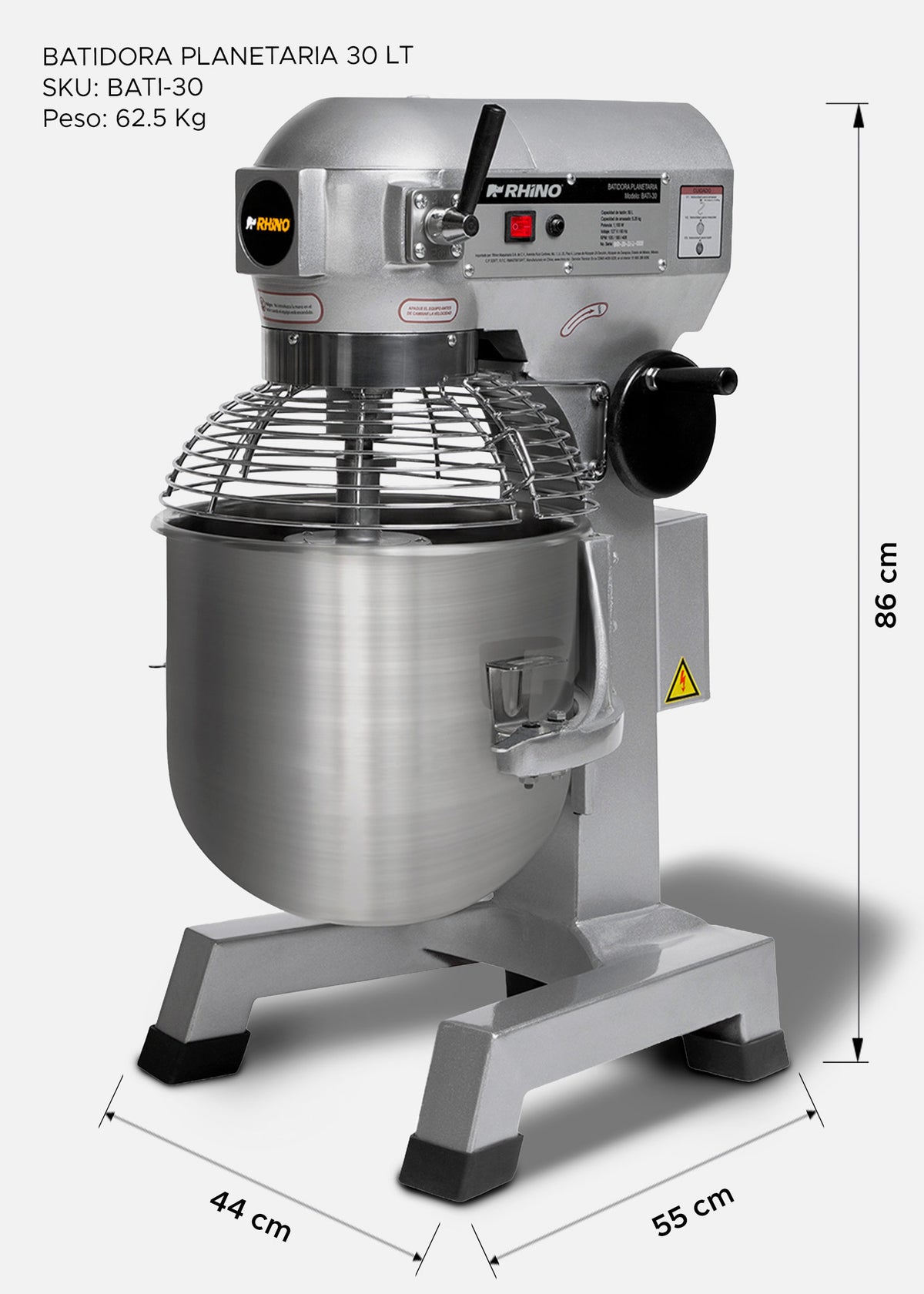 Batidora planetaria industrial de acero inoxidable 201 profesional de tres velocidades (gancho, paleta y globo) capacidad de tazón 26.5 L y 5.25 kg de amasado 1.5 HP. Rhino BATI-30 — imagen de producto