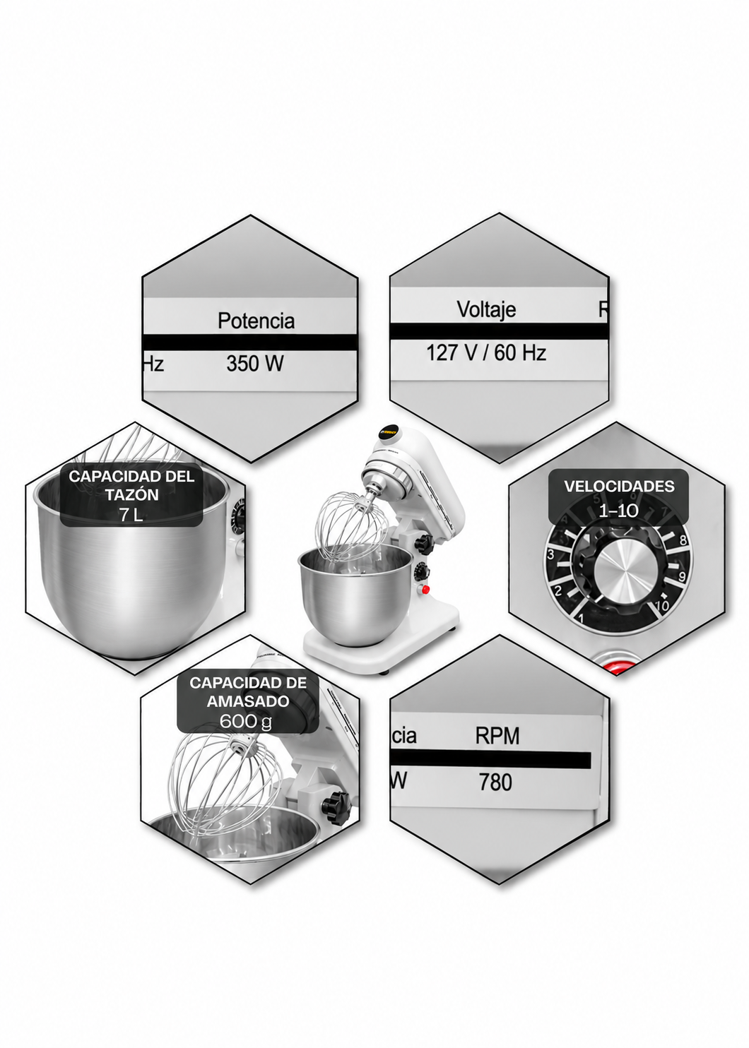 Batidora planetaria de acero inoxidable plata 7 L, amasado 600 g — imagen de producto