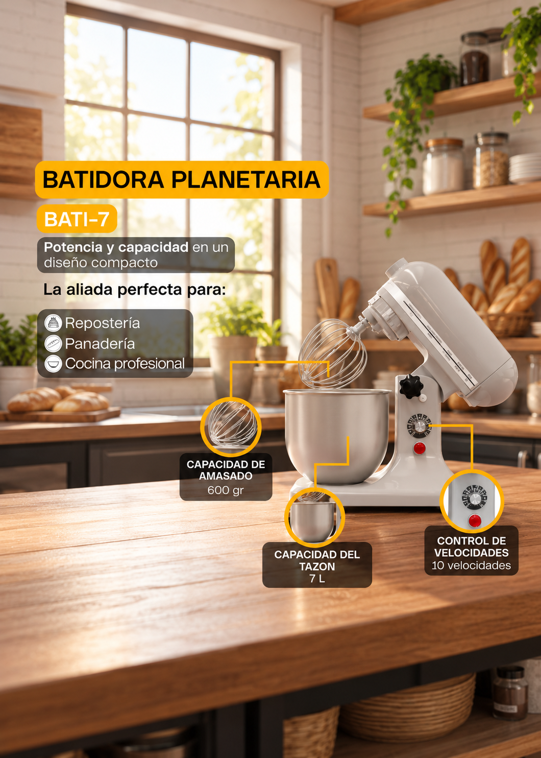 Batidora planetaria de acero inoxidable plata 7 L, amasado 600 g — imagen de producto