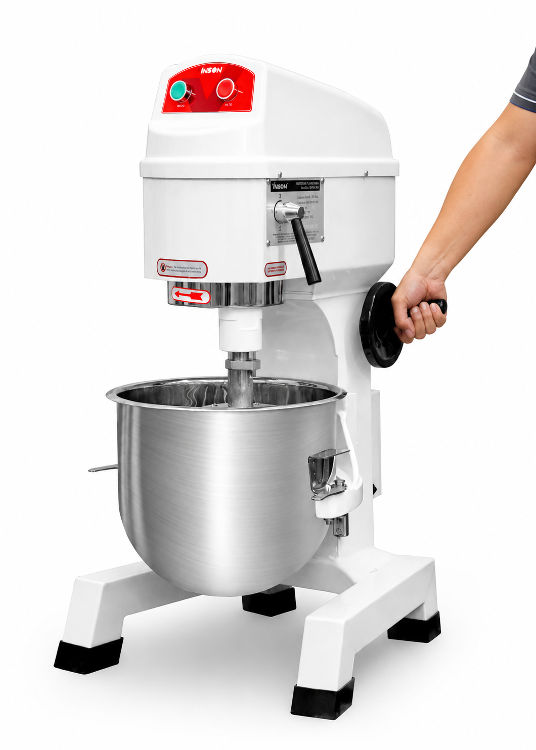 Batidora planetaria monofásica de acero inoxidable 201 capacidad de tazón 19.3 L y 3 kg de amasado 3 velocidades (gancho, paleta y globo) 1 HP. Rhino BAVIN-20 — imagen de producto