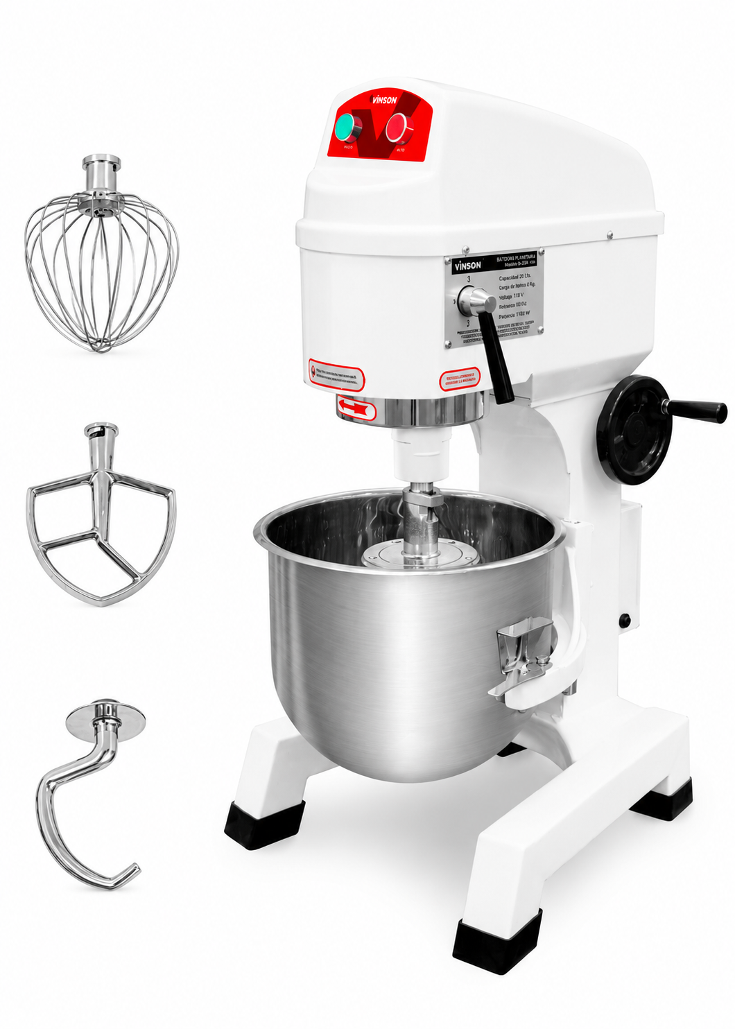 Batidora planetaria monofásica de acero inoxidable 201 capacidad de tazón 19.3 L y 3 kg de amasado 3 velocidades (gancho, paleta y globo) 1 HP. Rhino BAVIN-20 — imagen de producto