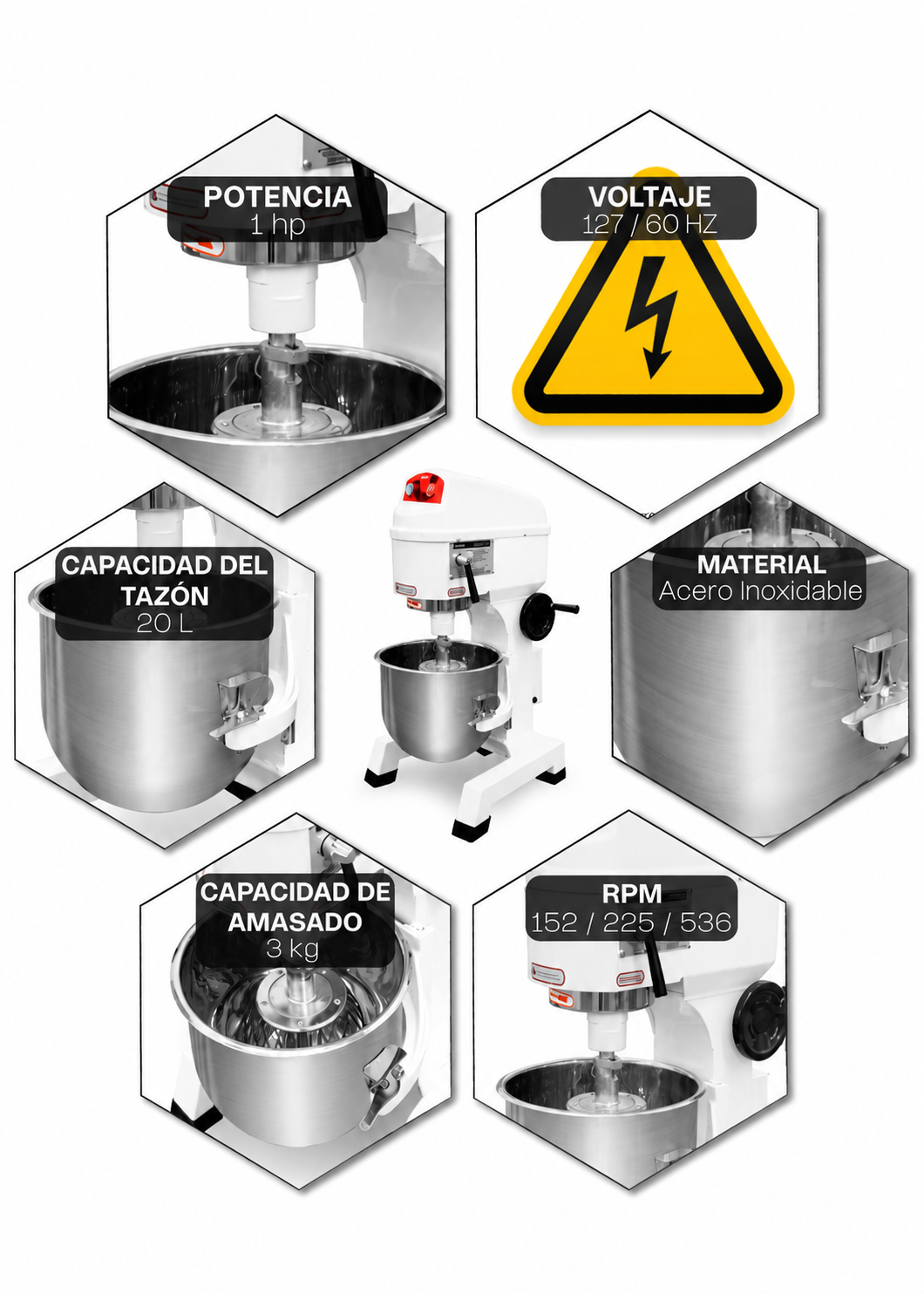 Batidora planetaria monofásica de acero inoxidable 201 capacidad de tazón 19.3 L y 3 kg de amasado 3 velocidades (gancho, paleta y globo) 1 HP. Rhino BAVIN-20 — imagen de producto