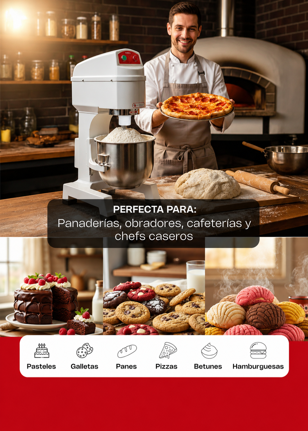 Batidora planetaria monofásica de acero inoxidable 201 capacidad de tazón 19.3 L y 3 kg de amasado 3 velocidades (gancho, paleta y globo) 1 HP. Rhino BAVIN-20 — imagen de producto
