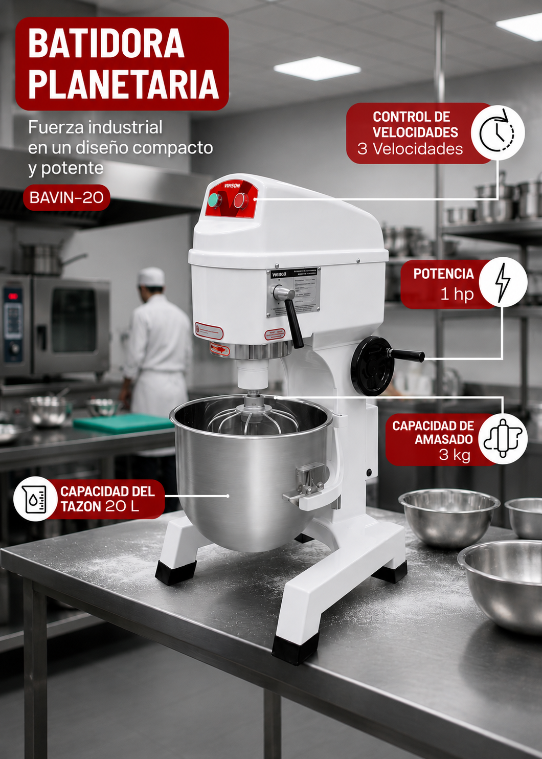Batidora planetaria monofásica de acero inoxidable 201 capacidad de tazón 19.3 L y 3 kg de amasado 3 velocidades (gancho, paleta y globo) 1 HP. Rhino BAVIN-20 — imagen de producto