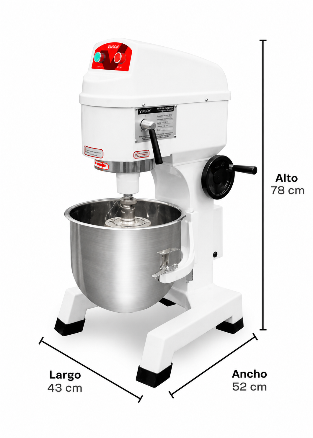 Batidora planetaria monofásica de acero inoxidable 201 capacidad de tazón 19.3 L y 3 kg de amasado 3 velocidades (gancho, paleta y globo) 1 HP. Rhino BAVIN-20 — imagen de producto