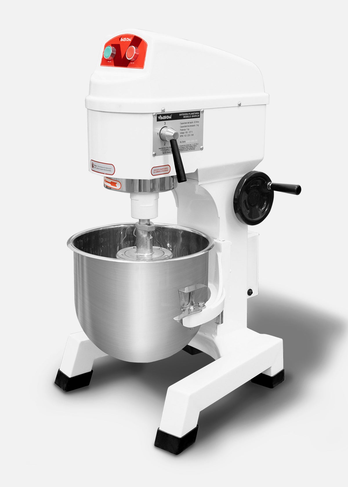 Batidora planetaria monofásica de acero inoxidable 201 capacidad de tazón 19.3 L y 3 kg de amasado 3 velocidades (gancho, paleta y globo) 1 HP. Rhino BAVIN-20 — imagen de producto