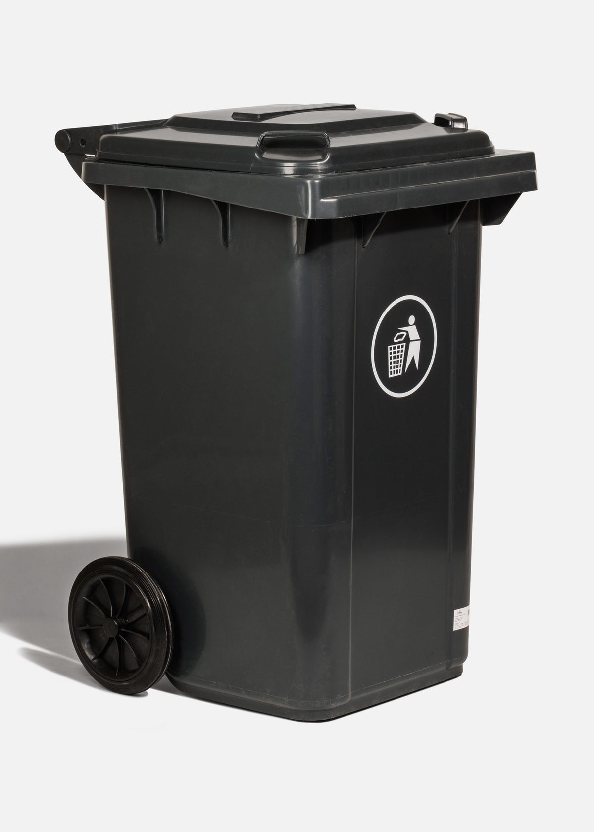 Bote de basura con tapa de plástico gris y ruedas 100 L — imagen de producto