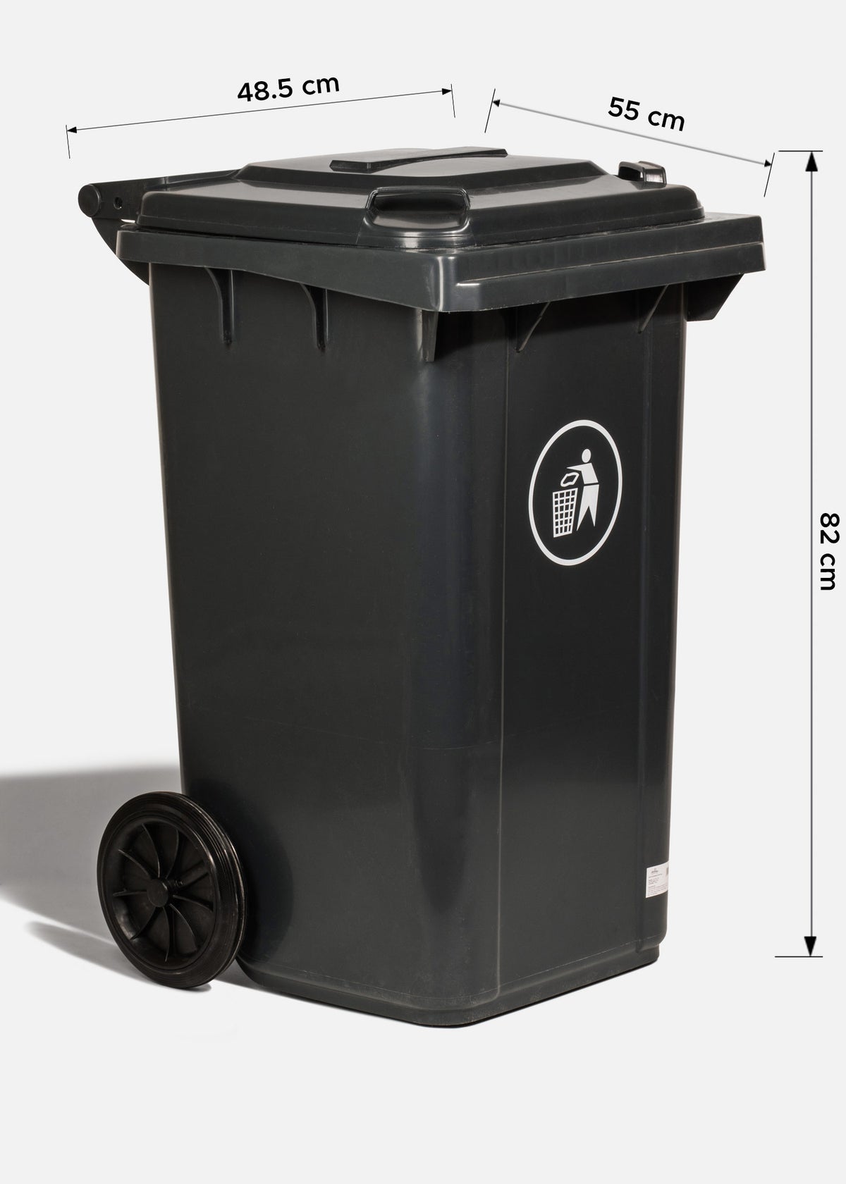 Bote de basura con tapa de plástico gris y ruedas 100 L — imagen de producto