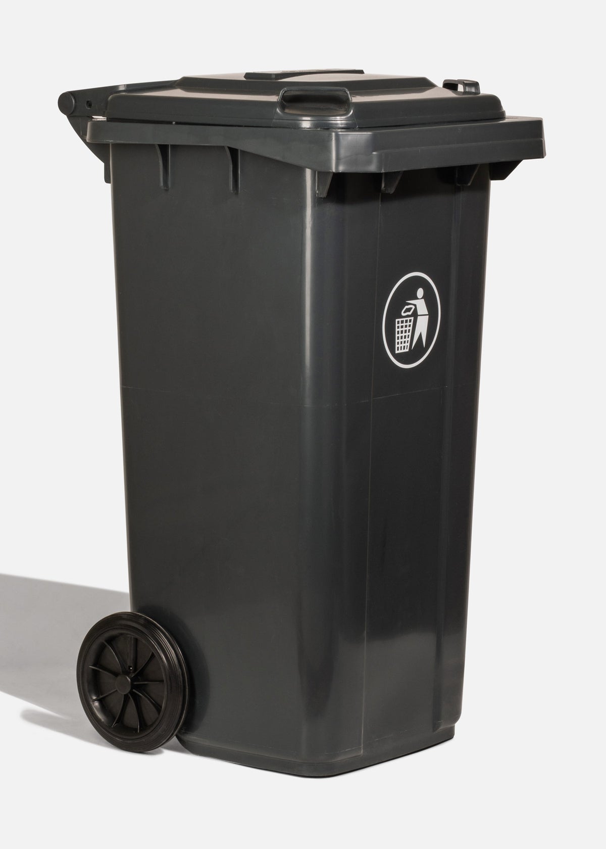 Bote de basura con tapa de plástico gris y ruedas 120 L — imagen de producto
