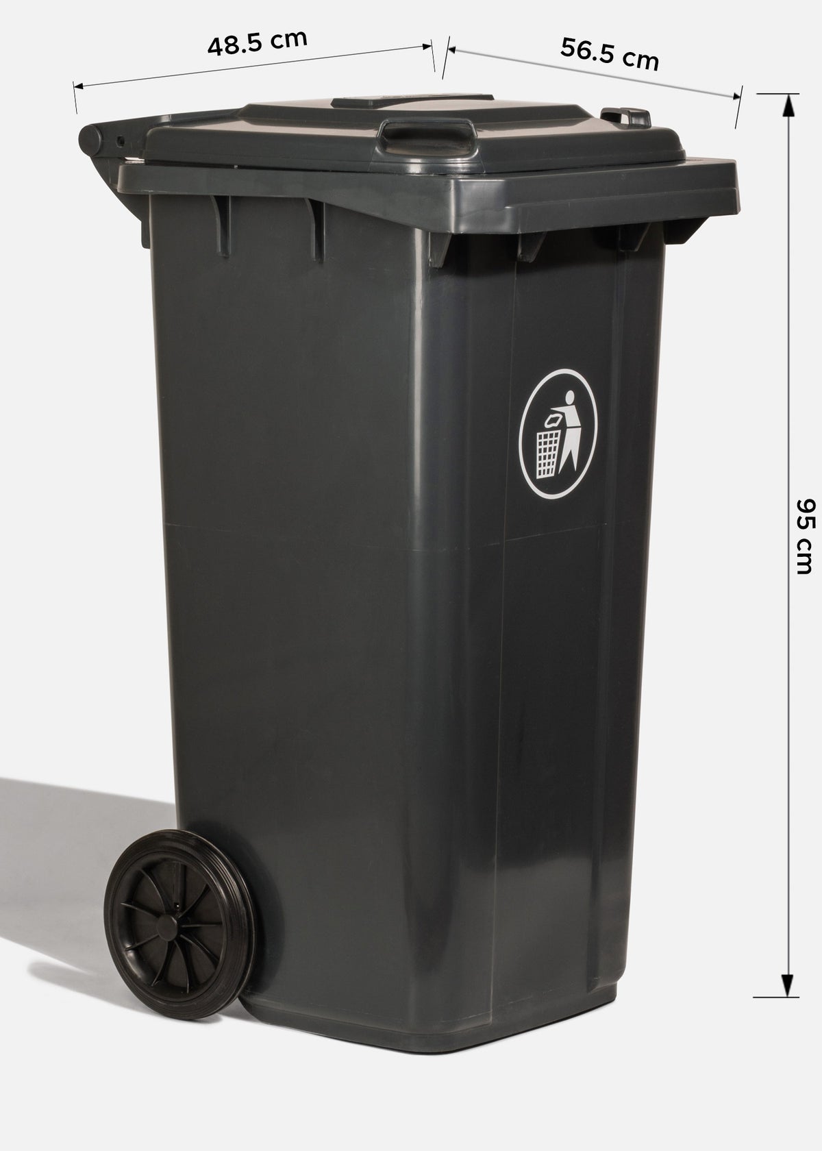 Bote de basura con tapa de plástico gris y ruedas 120 L — imagen de producto