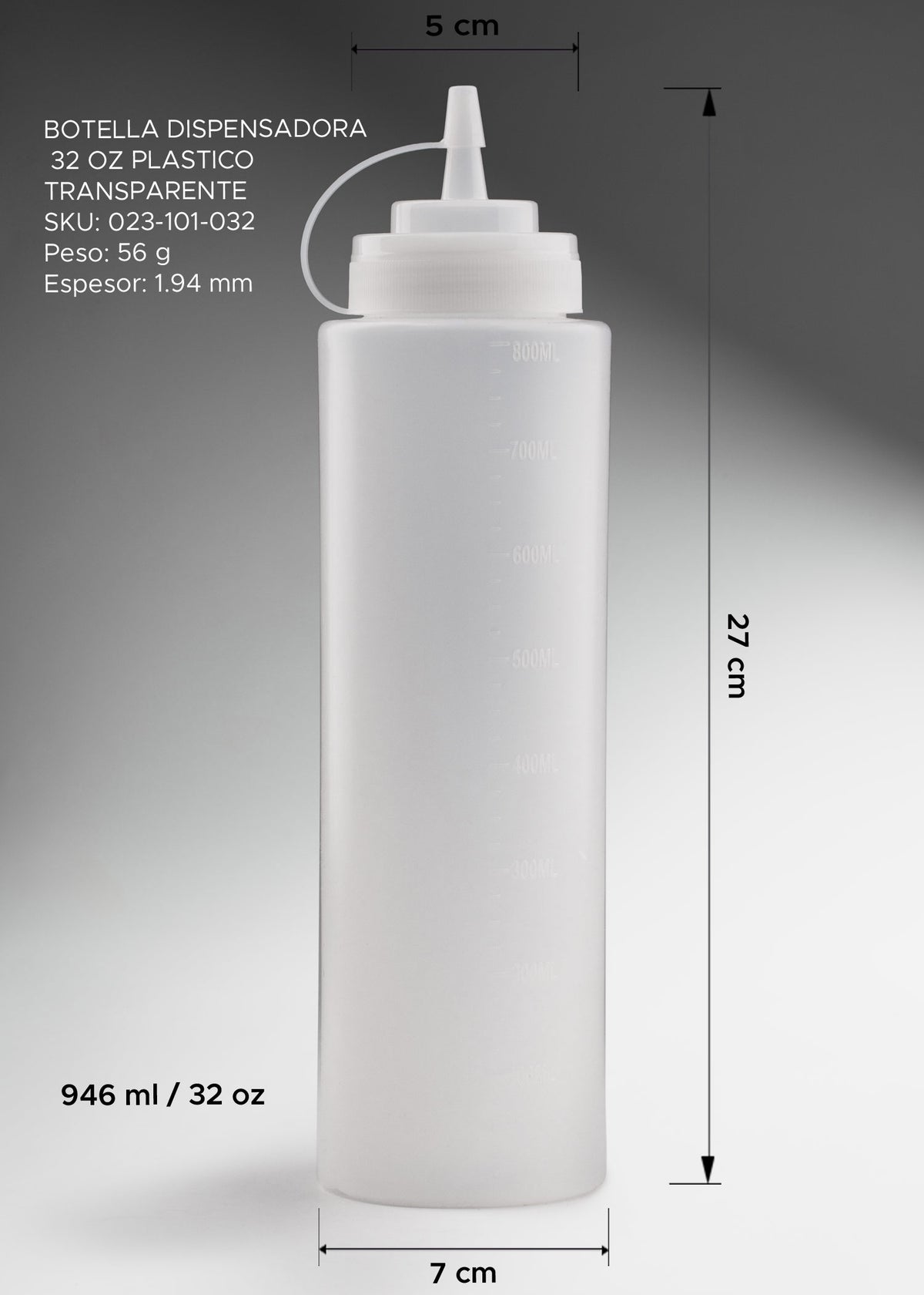 Detalle de Botella dispensadora de plástico (polietileno) transparente 32 oz para restaurantes, taquerias, pizzerias, food trucks y cocinas profesionales