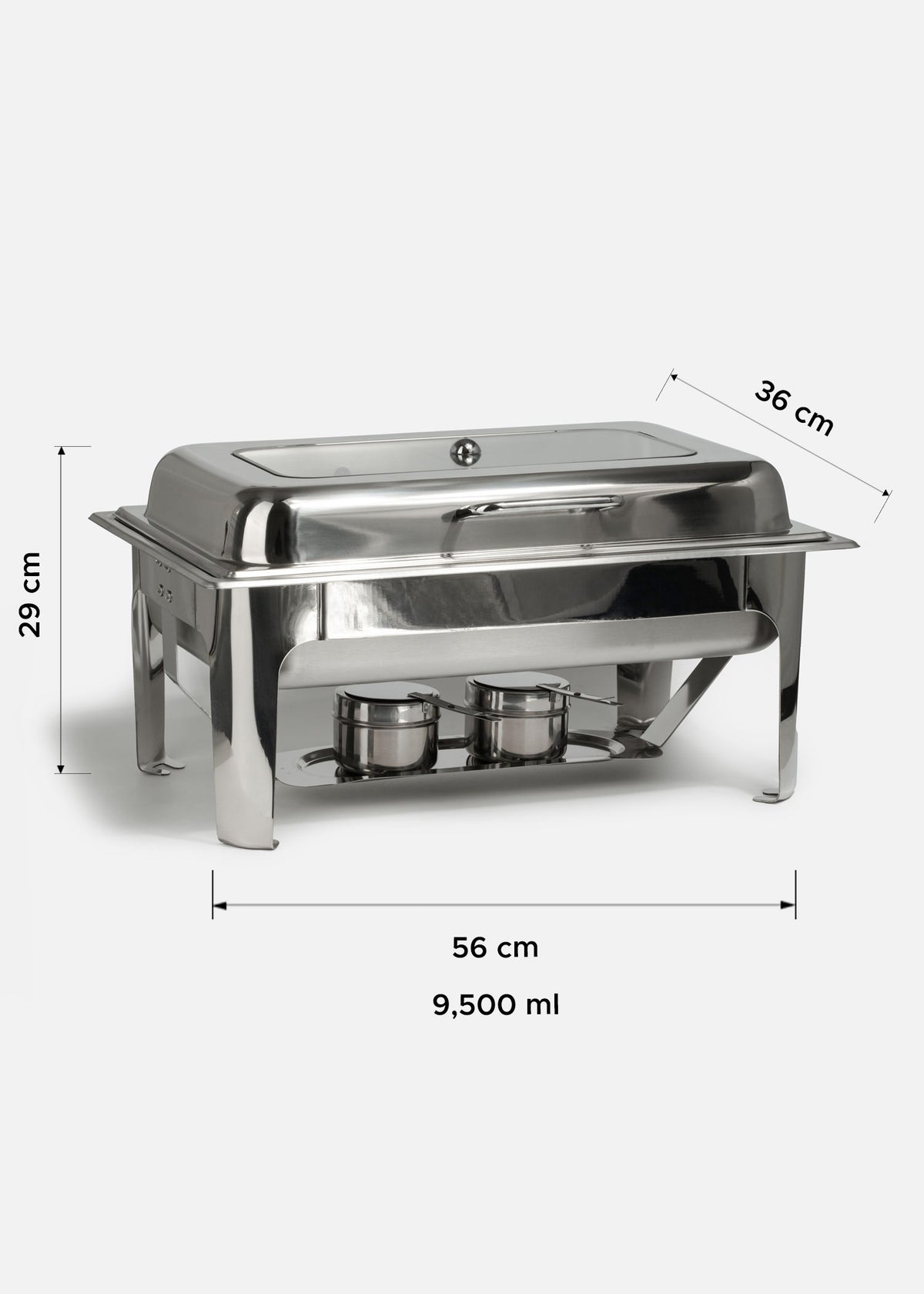 Chafer de acero inoxidable tapa de vidrio rectangular de lujo cierre lento Prestige 9.5 L — imagen de producto