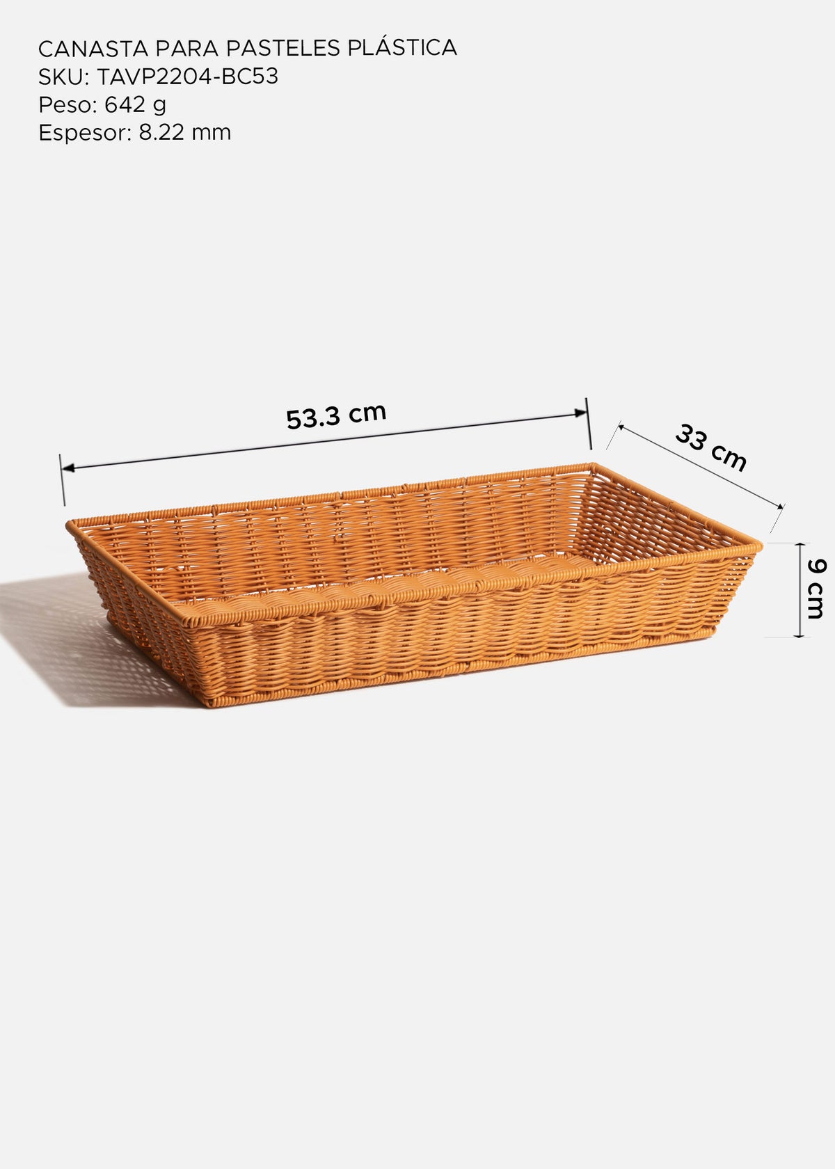 Canasta para pan tejida rectangular grande de plástico color natural para exhibición profesional uso rudo 53.3x 33 cm — imagen de producto
