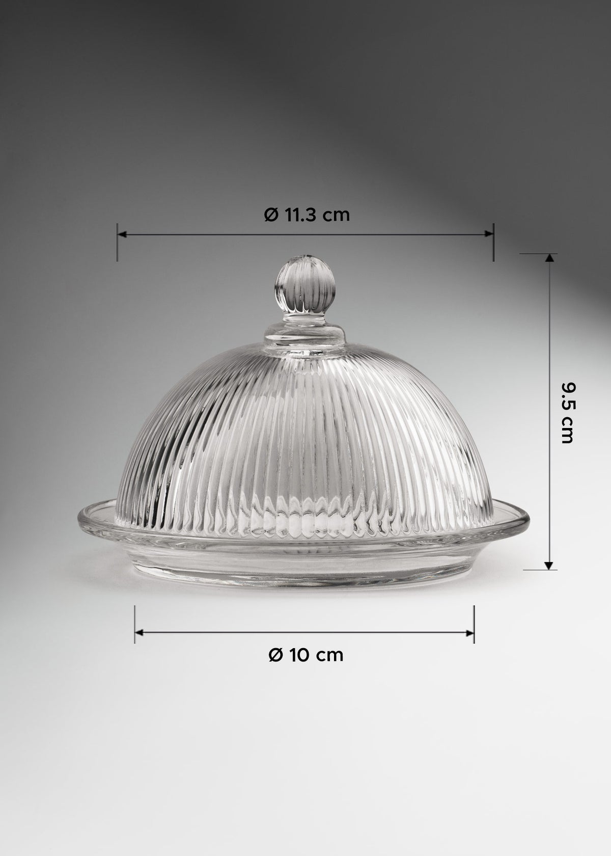 Capelo de vidrio transparente con líneas grado alimenticio para exhibición de postres, ideal para restaurantes, cafeterías y repostería Elara 13.5x9.5 cm — imagen de producto